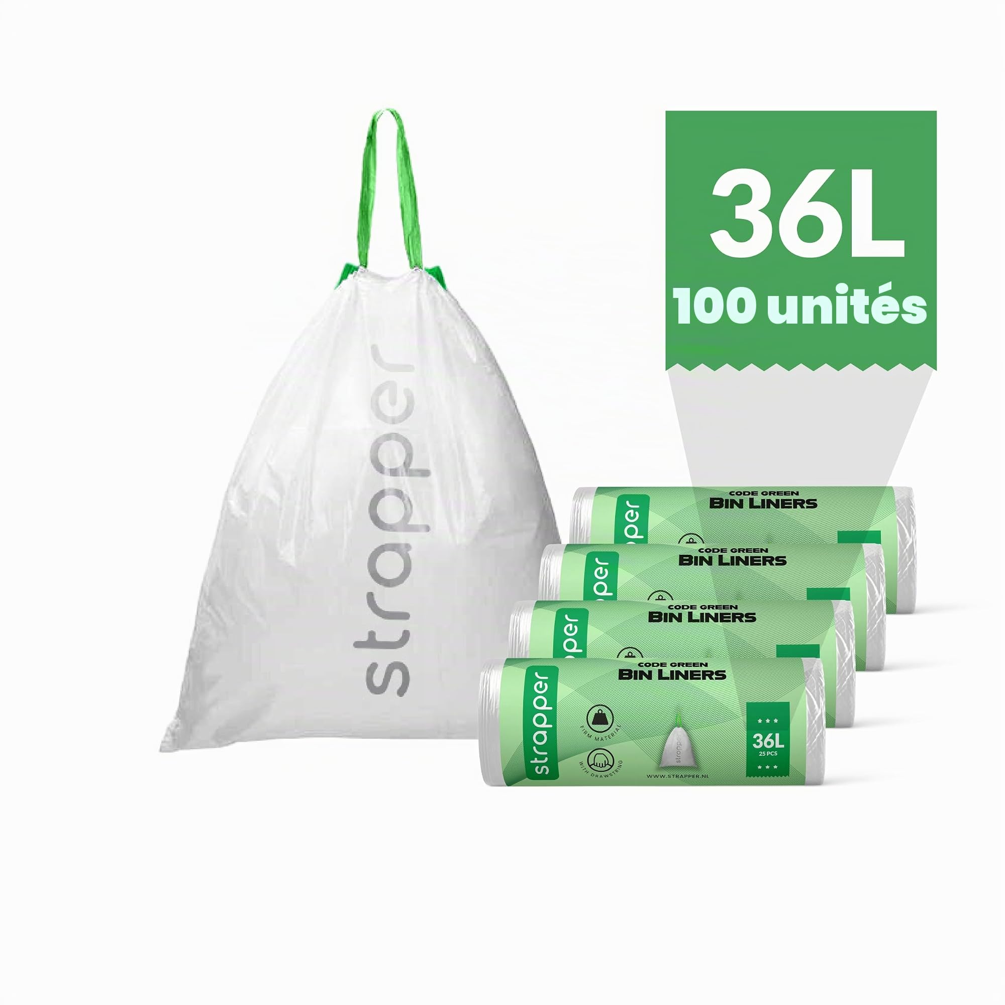 Strapper 100 Vert Sacs Poubelle - Convient pour poubelle Brabantia et Homra Nexo - 36 litres