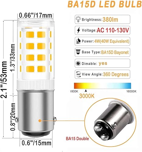 Miniatura 2 de Bombillas LED de ahorro de energía con base BA15D para tu máquina de coser, regulables, 120 voltios, luz diurna 6000 K, consumo de energía de 4 W,