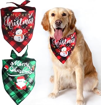 Banlilu Christmas Dog Bandanas, 2Pcs Adjustable Triangle Dog Bandanas with Chequered Print, Dog Christmas Costume for Small Medium Dogs