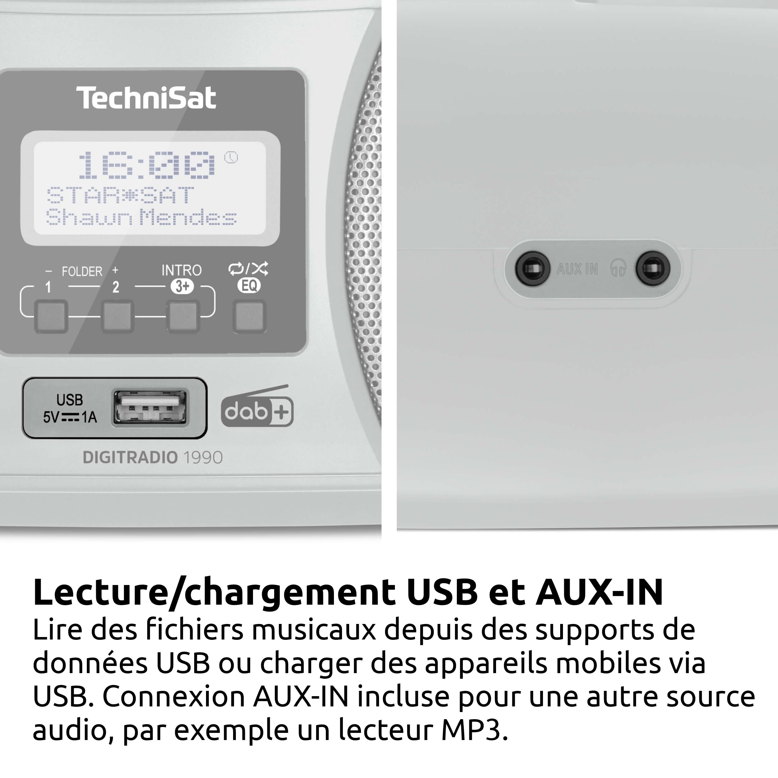 TechniSat DIGITRADIO 1990 - stéréo Boombox avec Radio Dab +/FM et Lecteur CD (Streaming Audio Bluetooth, Connexion Casque, USB, entrée AUX, Fonction de Charge, Horloge, 2 x 1,5 W) Argent