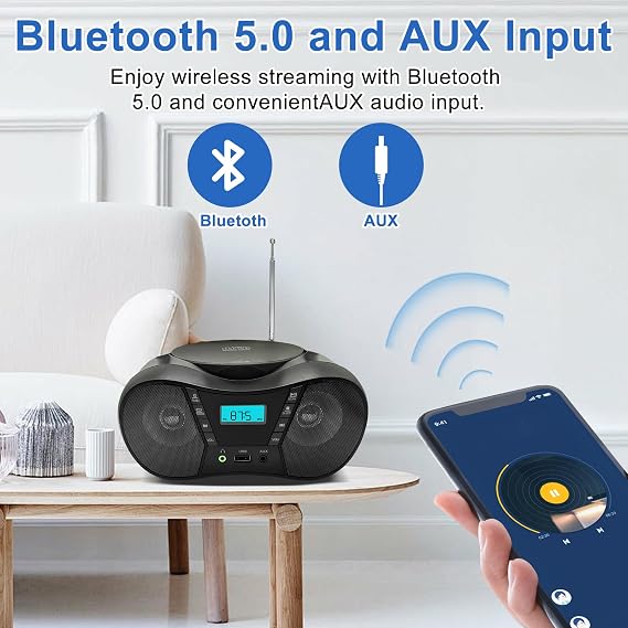 Portable CD Player Boombox with FM Radio, Bluetooth Speaker, AC/Battery Powered, Support CD/CD-R/RW/USB/BT/AUX, LCD Display, Headphone Jack, Gifts for Parent (Black)