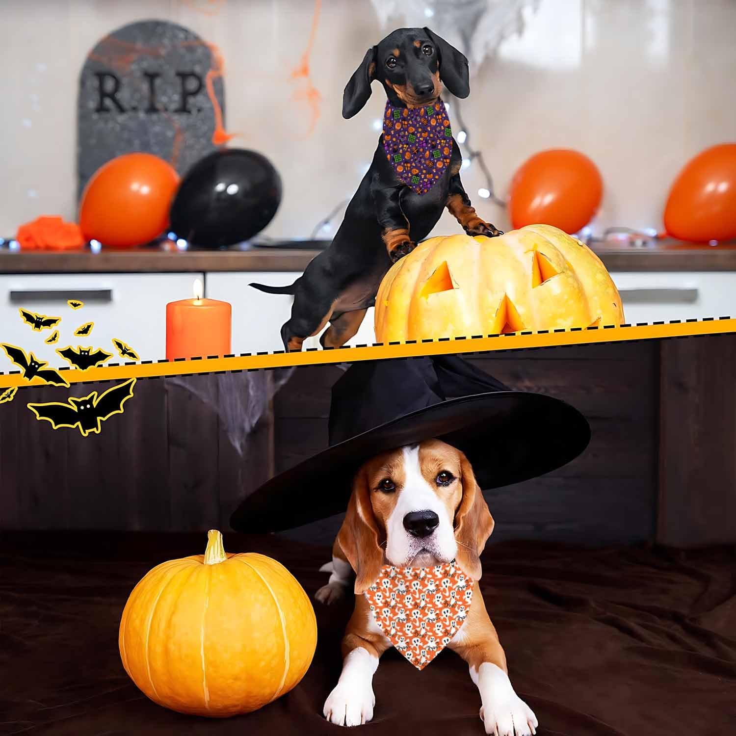 Halloween Dog Bandanas, Double Side All 4 Patterns Reversible Large Pet Bandanas 2 Pack, Celebration Set, Adjustable Triangle Holiday Ghost Bat Pumpink Scarves for Dogs Girl Boy Pets image 4