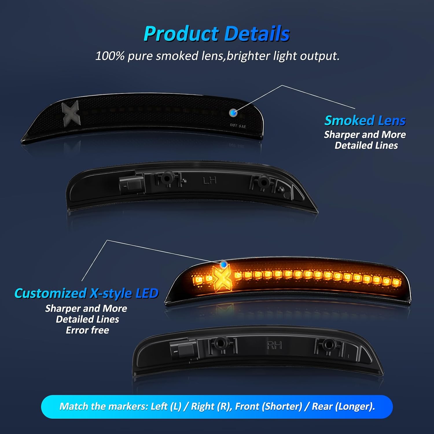 Bestview 4PCS LED Side Marker for Dodge Charger 2015-2021: X-style Led Bumper Marker Lamps, Amber Front & Red Rear Fender Side Markers Lights, Waterproof Sidemarker Light Kit Smoke Lens Assembly