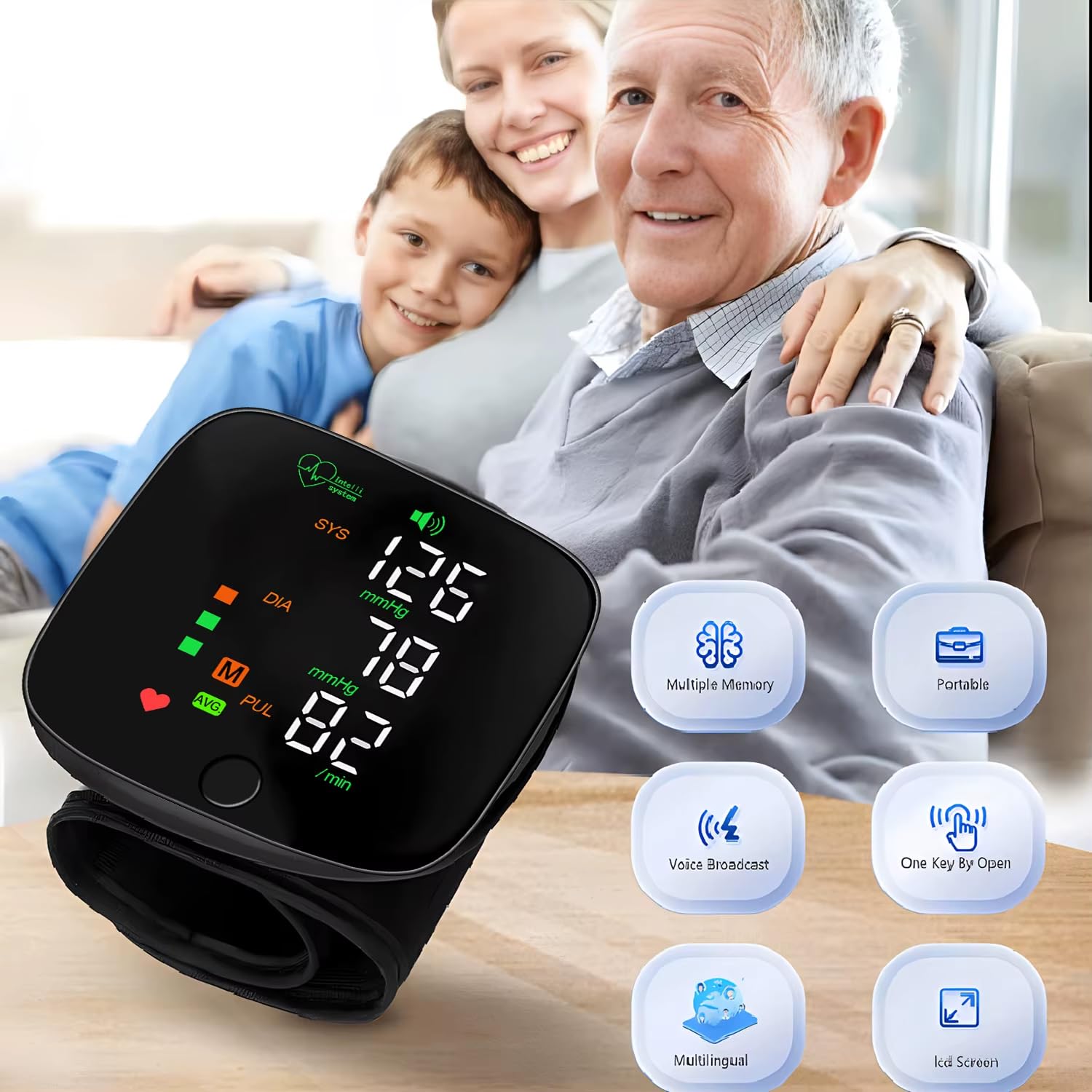 Esfigmomanómetro automático, monitor digital de presión arterial de muñeca, fácil de usar en casa, fácil de llevar, máquina de presión arterial de muñeca con recargable por USB