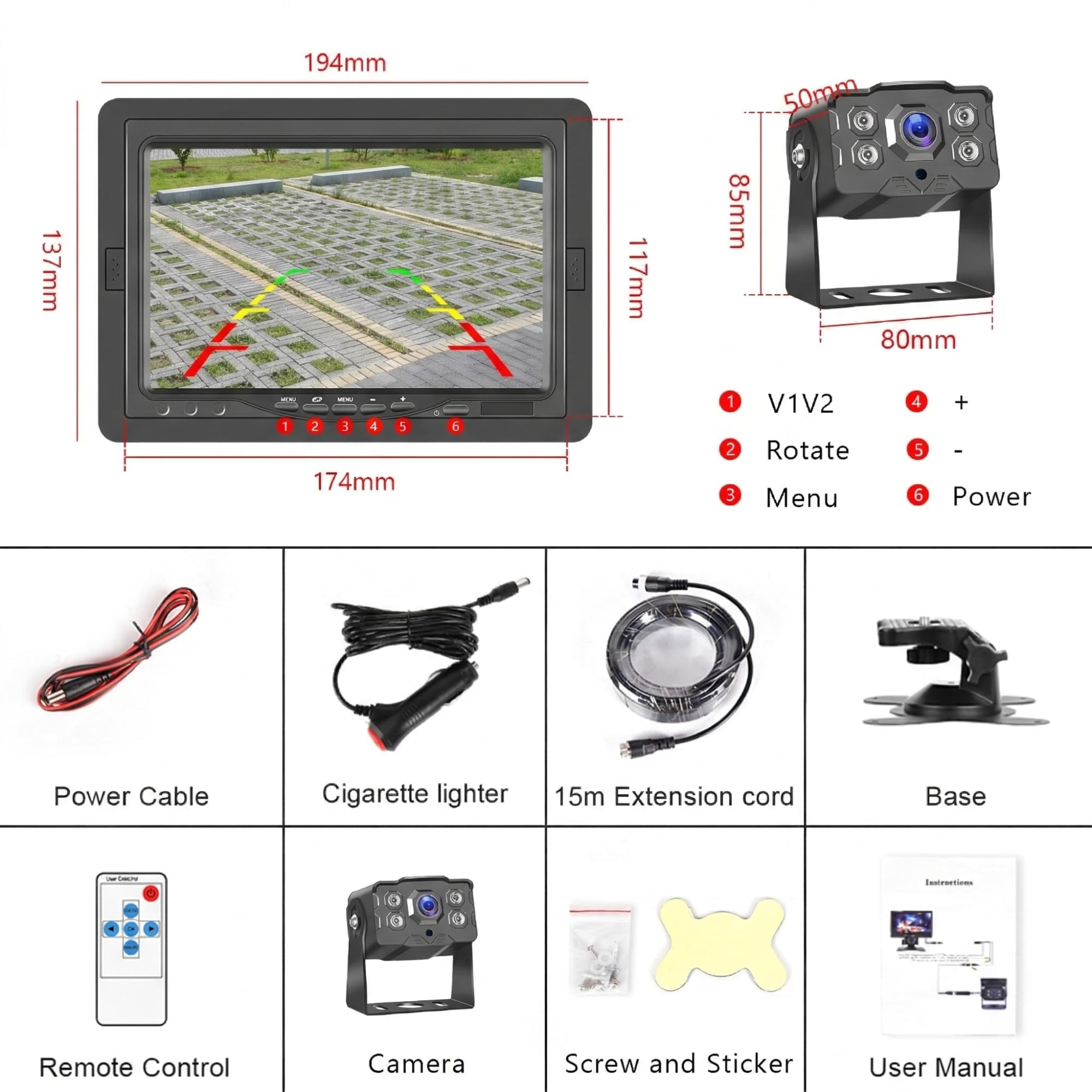 Hodozzy Cámara de Marcha Atrás con Monitor IPS de 7" y Cámara AHD, Impermeable IP68, Camara de Visión Trasera con Visión Nocturna Infrarrojos, 15 m Cable 4 Pines para Camión/Remolque/Bus(9-36 V)