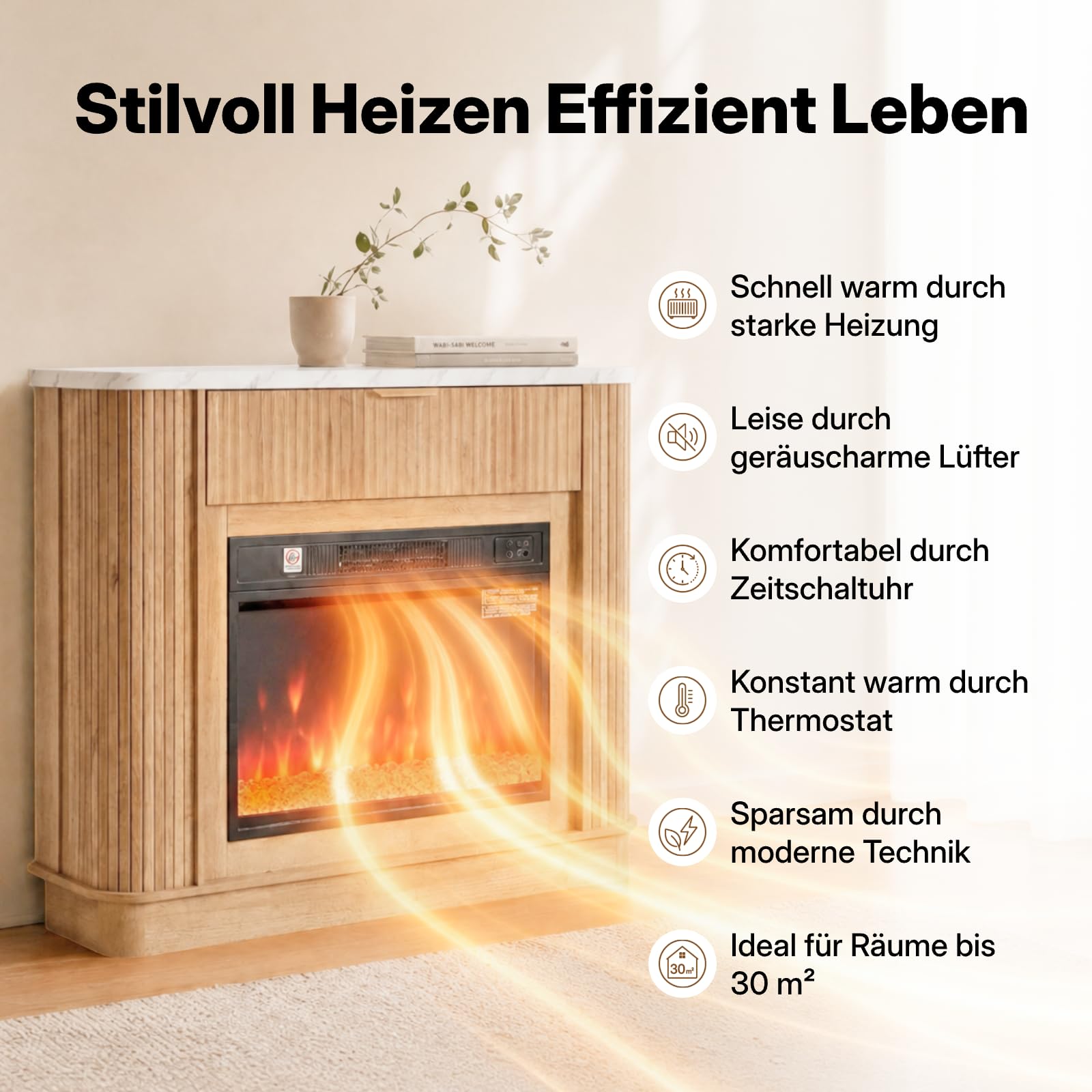 NorthSky Elektrokamin mit Heizung 1800W, 39 Zoll Standkamin mit Kaminsims & Marmorplatte, 23 Zoll 3D LED Flammeneffekt, 7 Farben 10 Modi, Fernbedienung & Timer, Stauraum Schublade, Wohnzimmer
