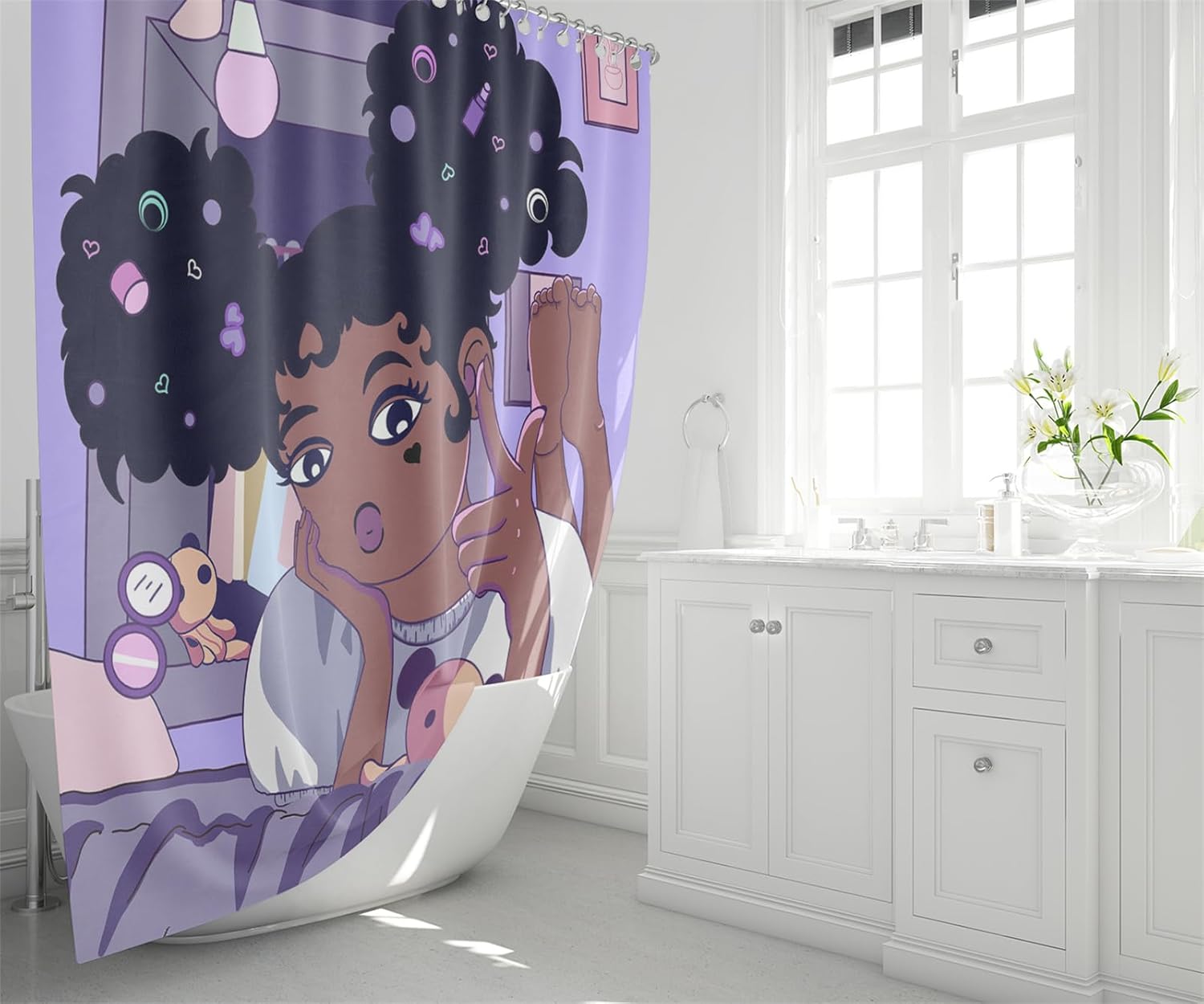 BATATADOCE African American Black Girl Shower Curtain Set Kids Shower Curtain Set Black Girl Shower Curtain Bathroom Set Purple Shower Curtains for Bathroom Decor,70x70 Inch