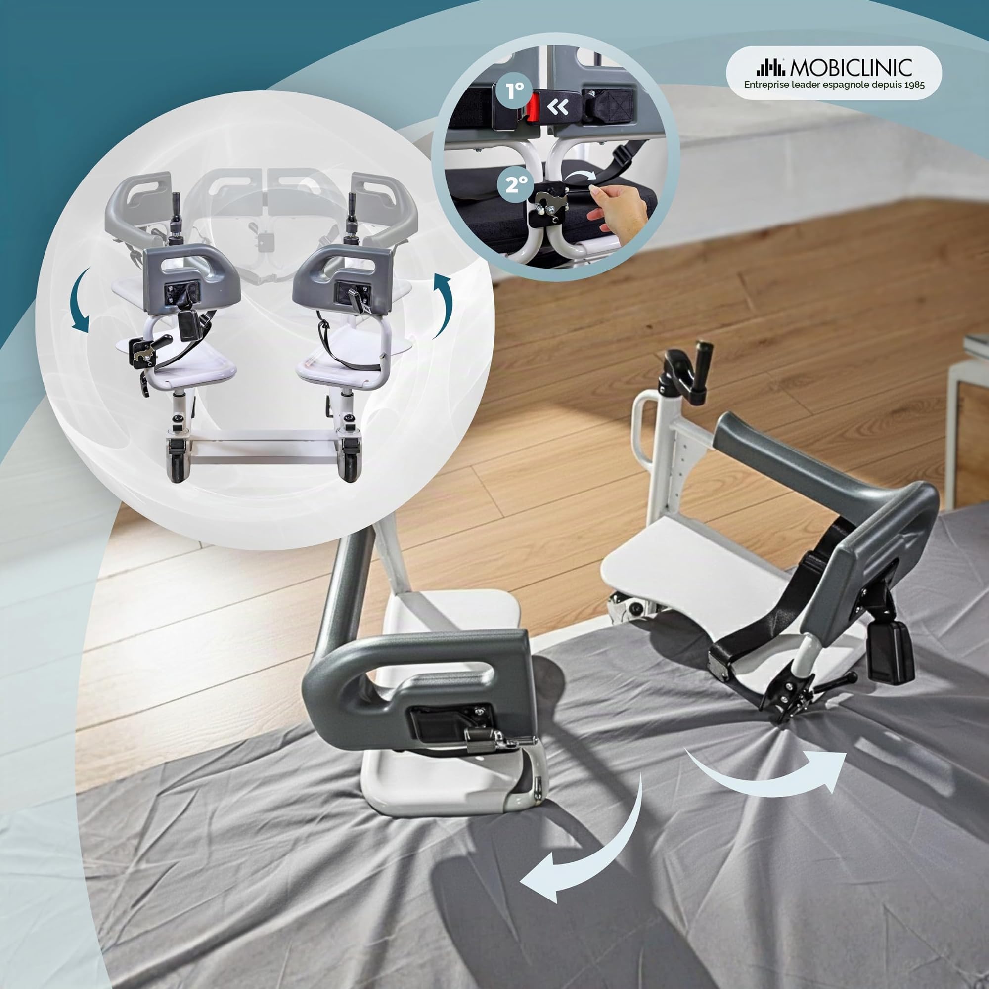 Mobiclinic®, Chaise Élévatrice de Transfert, Urinoir Amovible, Réglable en Hauteur, Double Système de Sécurité, Ouverture Latérale, Coussin, Roulettes avec Freins, pour Lit, Toilettes, Acier, Willy