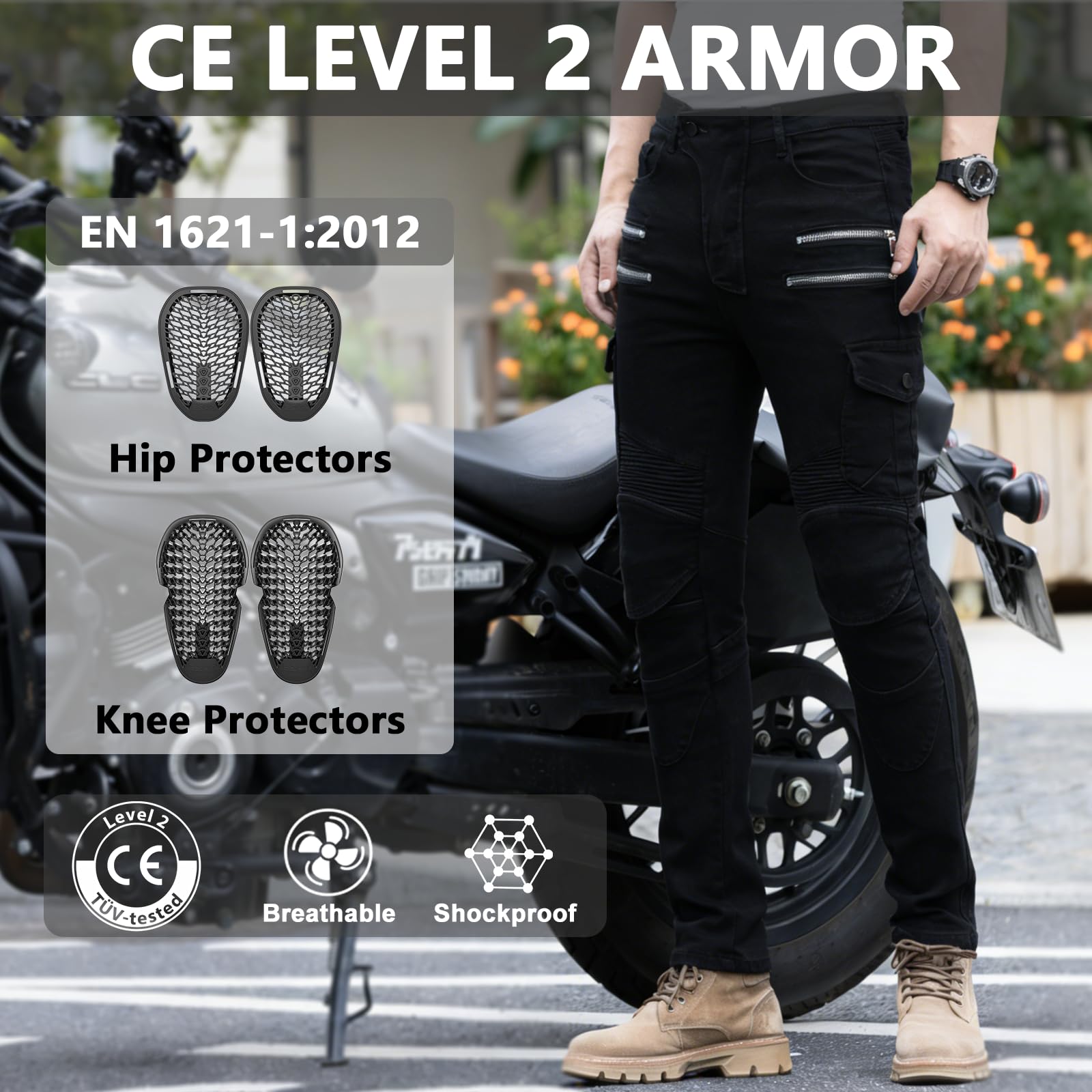 Motorrad Jeans con Protezioni CE Livello 2 – Pantaloni Moto in Denim Stretch con Protezioni Ginocchia e Fianchi Rimovibili, Pantaloni da Moto per Touring e Uso Quotidiano