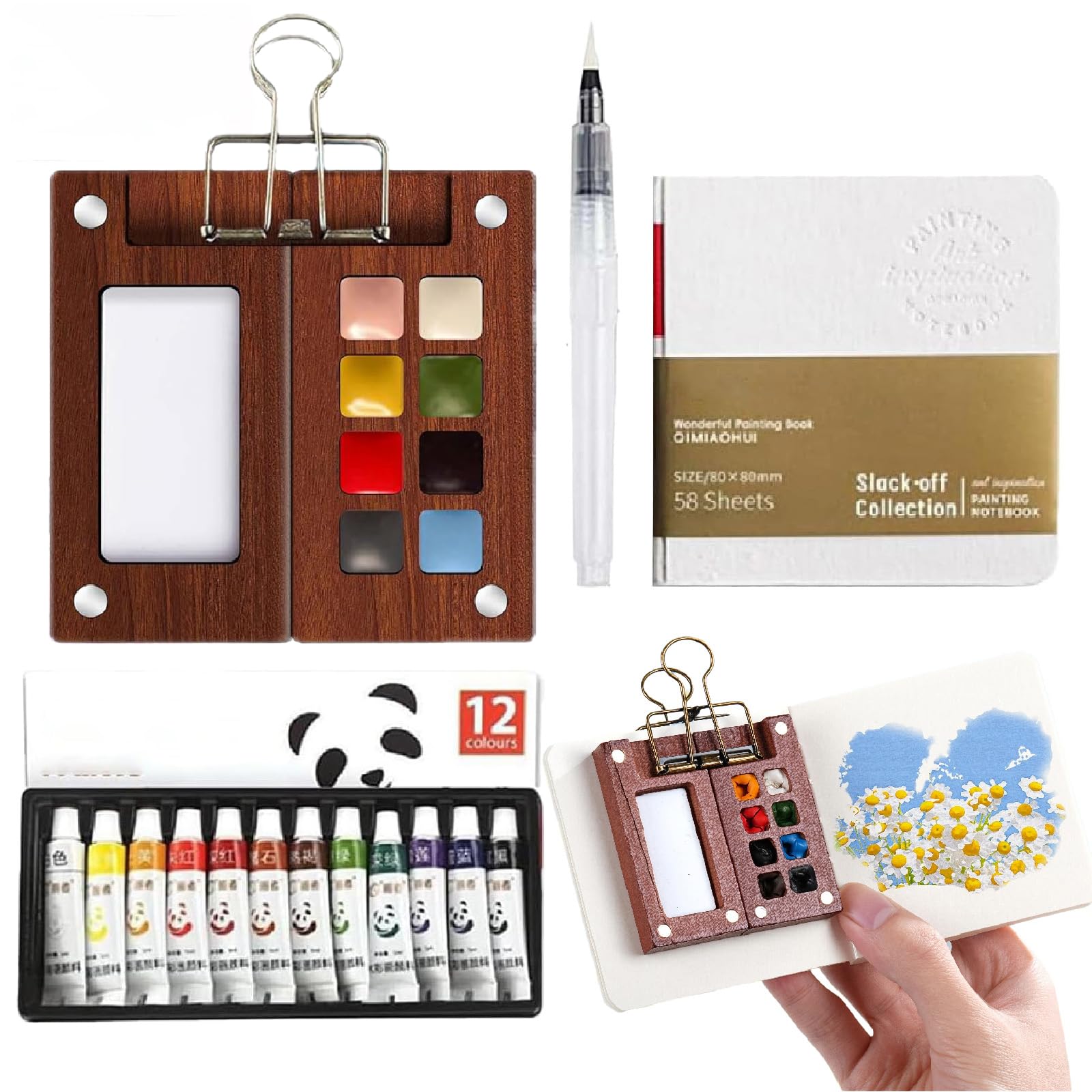 Cuaderno de bocetos con paleta de madera compacta de 12 colores para evitar manchas al pintar