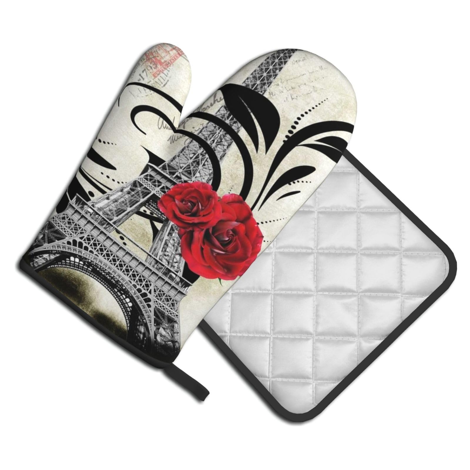Oven Mitts and Pot Holders Set of 2 Pcs, Eiffel Tower Red Rose Printed Heat Resistant Kitchen Gloves Potholders for Cooking Baking Grilling