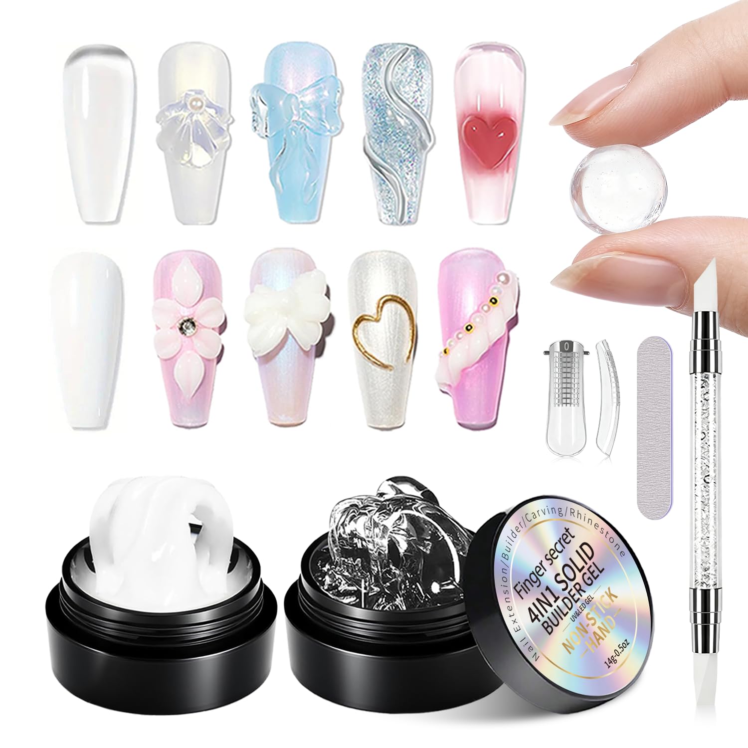 Solid Builder Gel for Nails, Clear & White 3D Sculpting Gel Nail Art Kit, No-Wipe Solid Nail Extension Gel with Silicone Embossing Pen, Nail Forms & Nail File, 2 x 14g