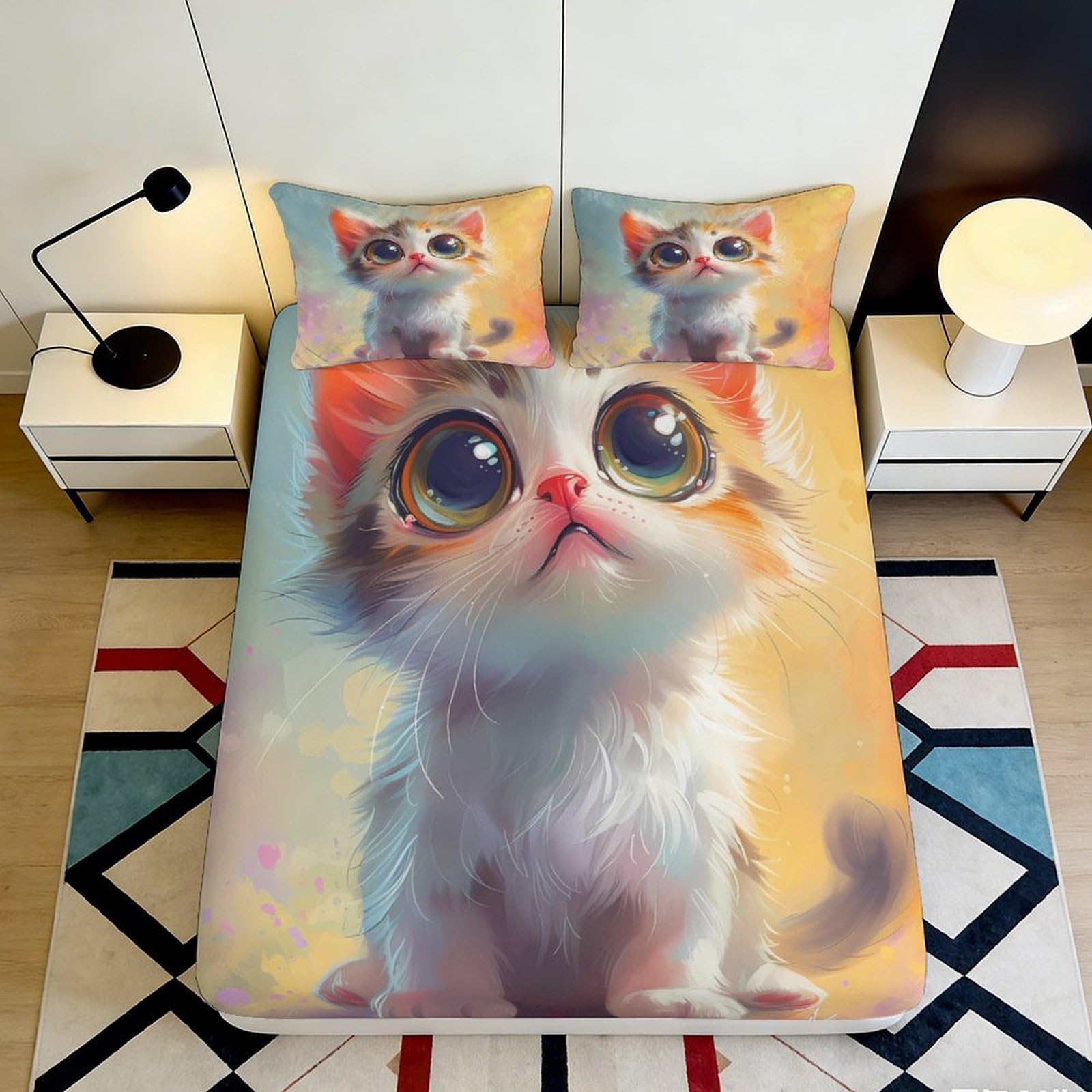 3D Printed Cute Kitten Fitted Sheet Microfiber Soft Breathable Cartoon Cat Bed Cover for Bedroom Dormitory Guest Room Mattress Protection Decor 120x200x25cm