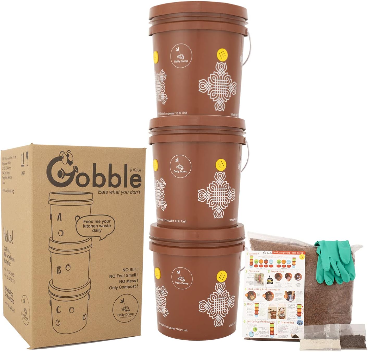 Daily Dump Gobble Junior Aerobic Compost Kit (10 litres x 3) I Easy & Smell Free I for Converting All Kinds of Kitchen Food Waste Into Fertilizer (Manure)