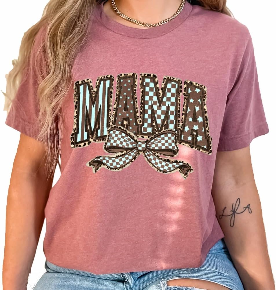 Leopard Bow Mama T Shirt, Cute Mom Shirt, Retro Cheetah Shirt, Varsity Mama Crewneck, Gift for Mommy, Leopard Sweater. - Image 2