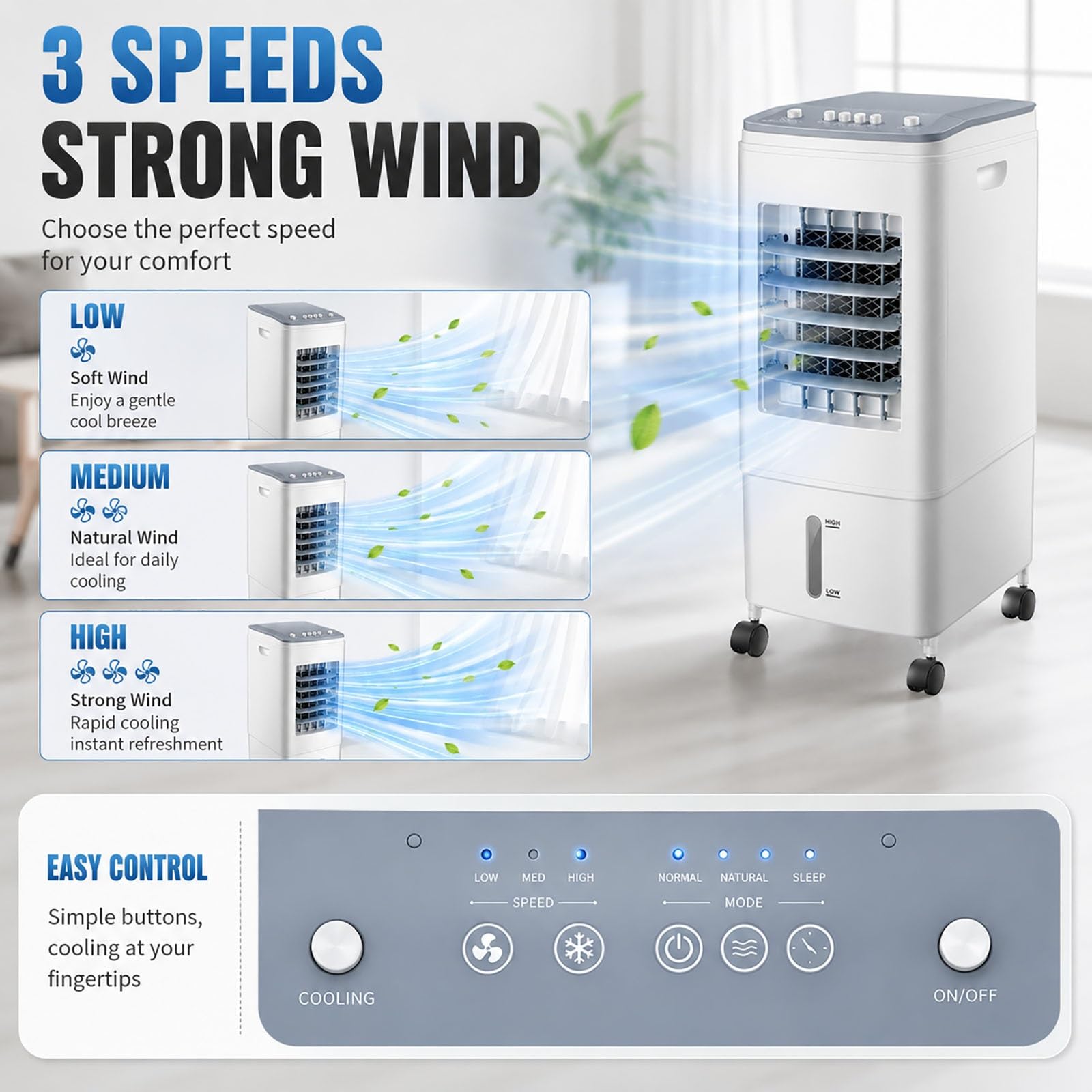 Climatizador Evaporativo, Ventilador de Torre Portátil 4 en 1, Tanque de 6L, 3 Velocidades y Modos, Oscilación 120°, Enfriador de Aire Silencioso con 4 Acumuladores de Hielo