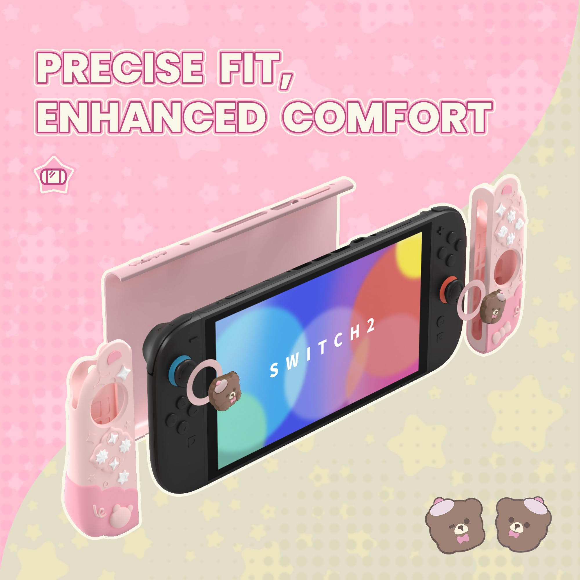 playvital Cover Dockable Rigida per Nintendo Switch 2 Console, Custodia Protettiva Silicone per Joycon 2&Supporto Regolabile Extra&Copri Analogici, Accessori Carini, Buonanotte Orso-Rosa