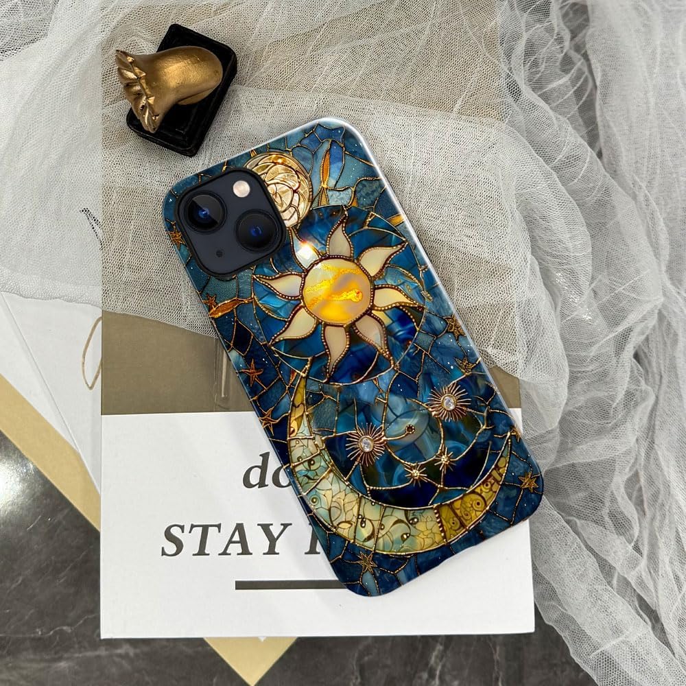 Generic Case Compatible with iPhone 14 Plus - Glossy Hybrid Durable Shockproof Phone Cover,Cases for Woman Girl - Moon Stars Celestial Glass