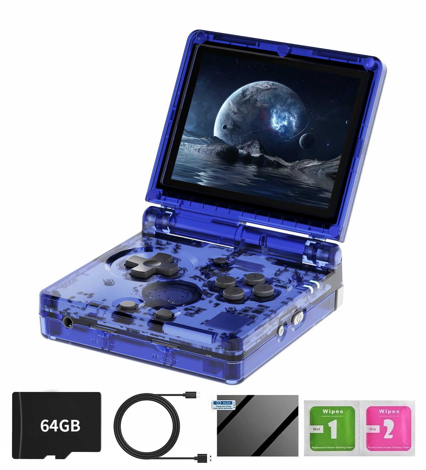 HANHIBR RG35XXSP Handheld Clamshell Game Console with 64G TF Card, 5000+ Classic Games, Linux System, Blue Transparent