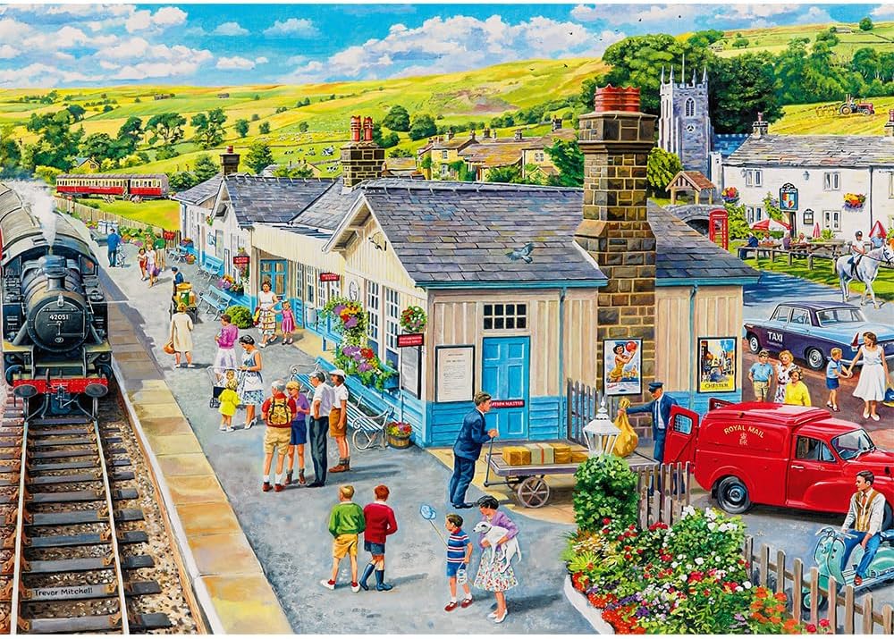 Trefl The Village Station 1000 Jigsaw Puzzle Premium Plus Tea Time 27"x19" A Series of Painted Nostalgic Pictures, Perfect Matching of Elements, for Adults and Children from 14 Years Old