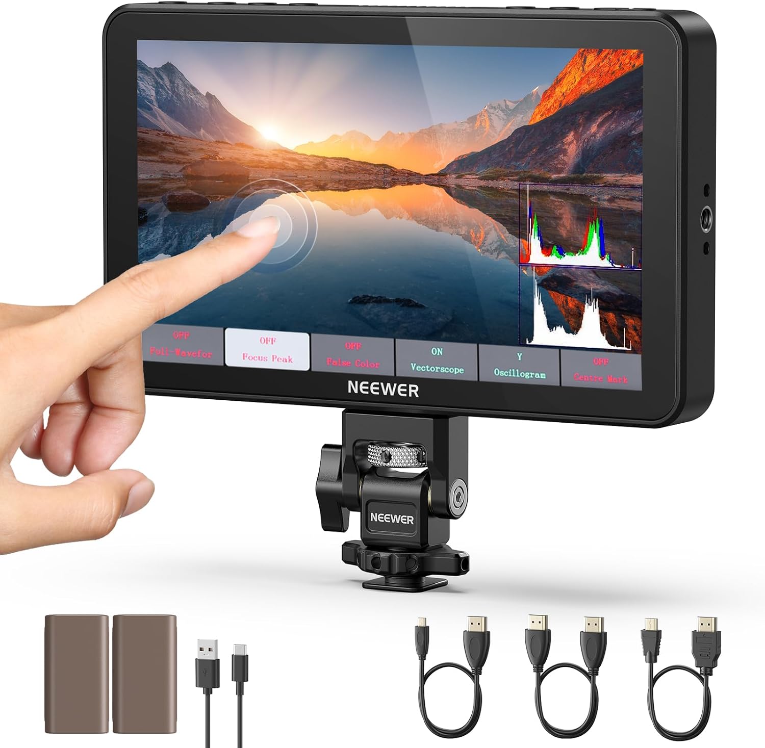 NEEWER F700 7″ Camera Field Monitor, 2000nit HD 1920×1080 IPS Touch Screen with 3D LUT, 4K HDMI Loop in/Out with Peak Focus DSLR Video Assist HDR Waveform, Cold Shoe Mount, 2 NP-F750 Batteries & Cable