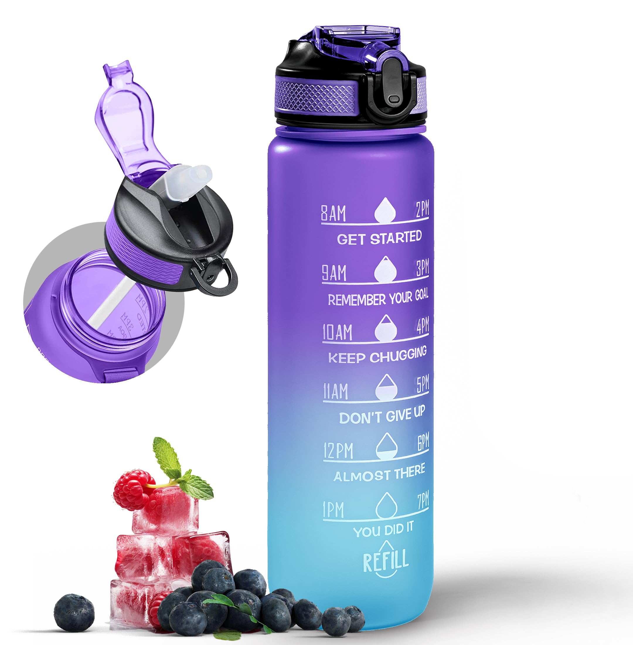 Active 100 1L Water Bottle with Straw, Motivational Time Marking | Dishwasher Safe | Leak-Proof | BPA-Free Drinks Bottle for Fitness, Work, Travel & Outdoor Use