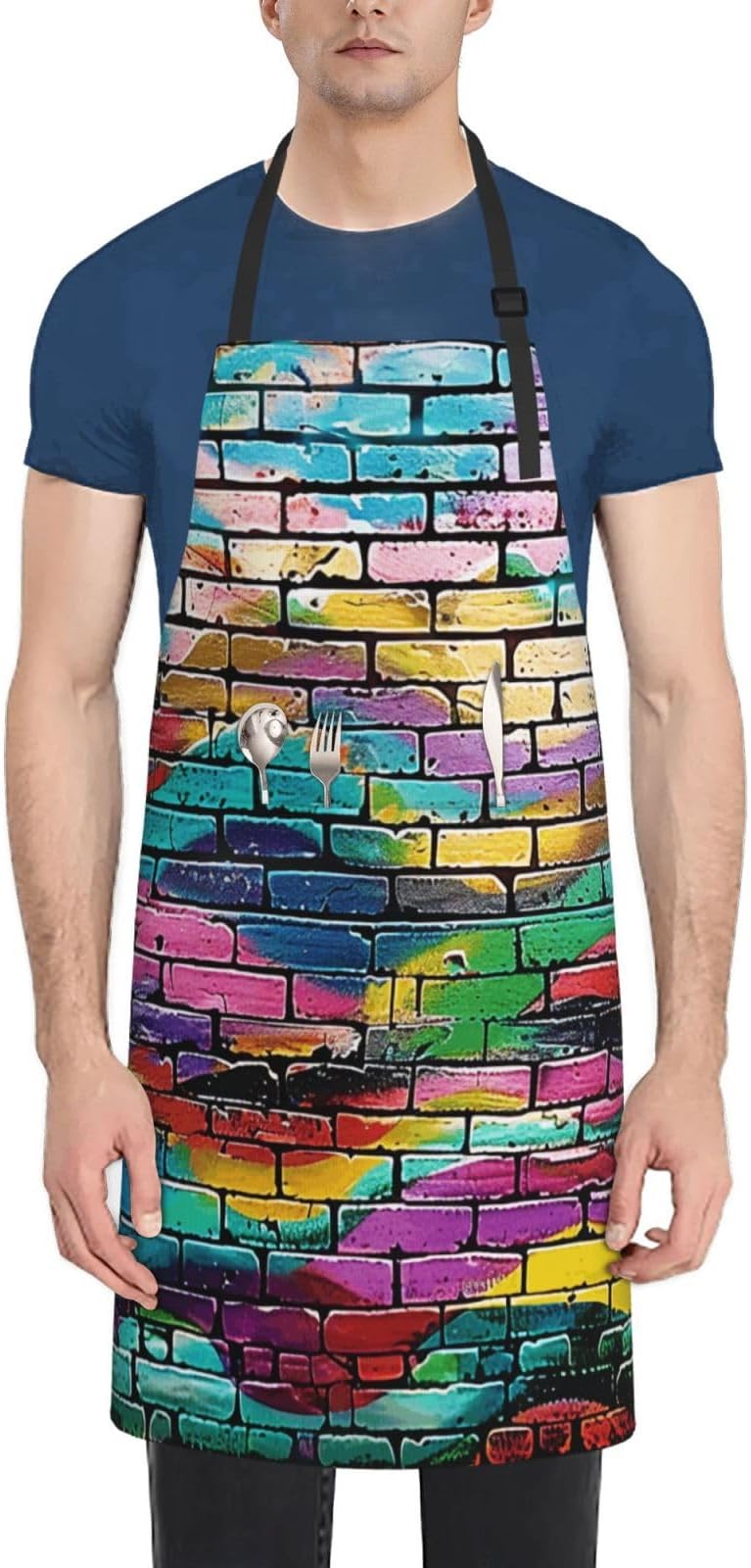 Graffiti Colorful Brick Printed Waterproof Apron with Pockets, Adjustable Cooking Aprons for Men Women,Kitchen Apron for Washing Dishes, Gardening Salon 33"x28"