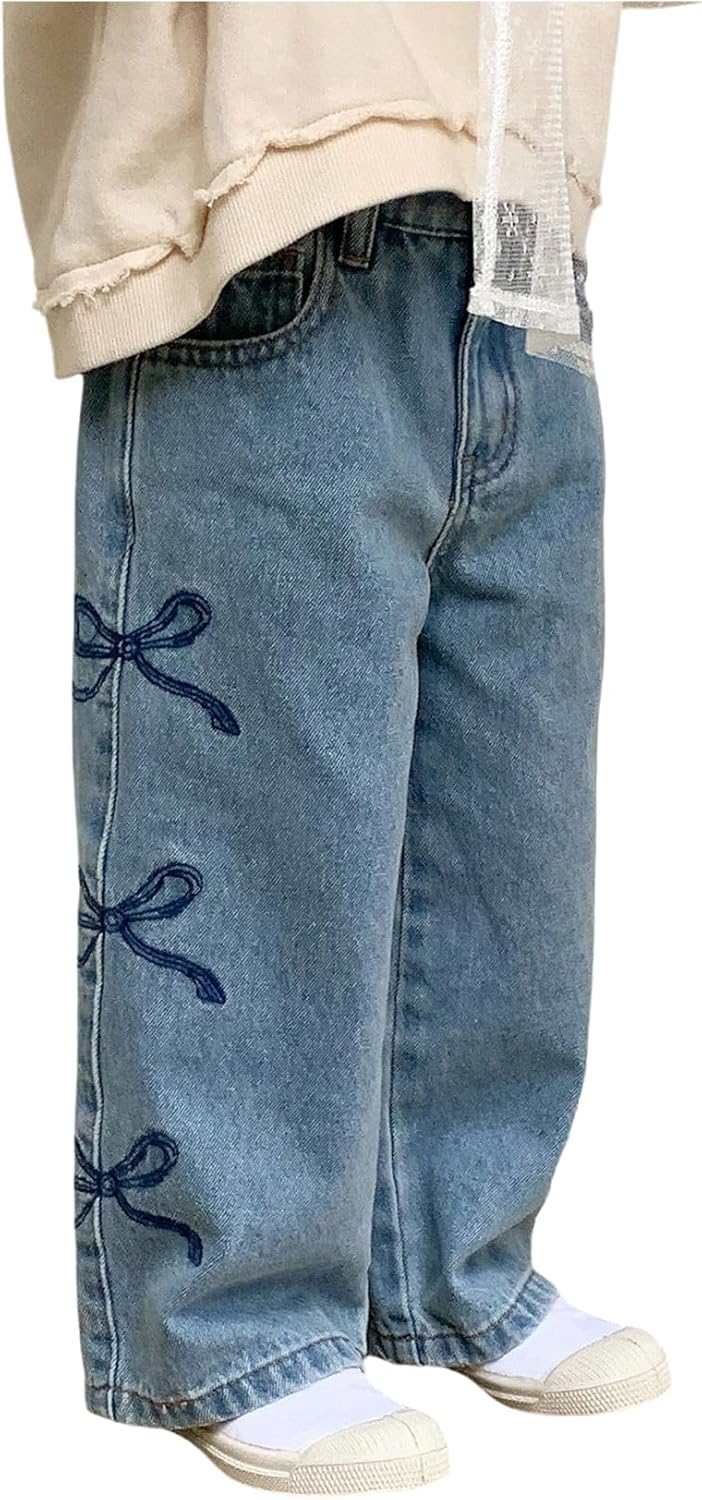 WDIRARA Toddler Girl's Bow Jeans Elastic Waist Straight Leg Denim Pants