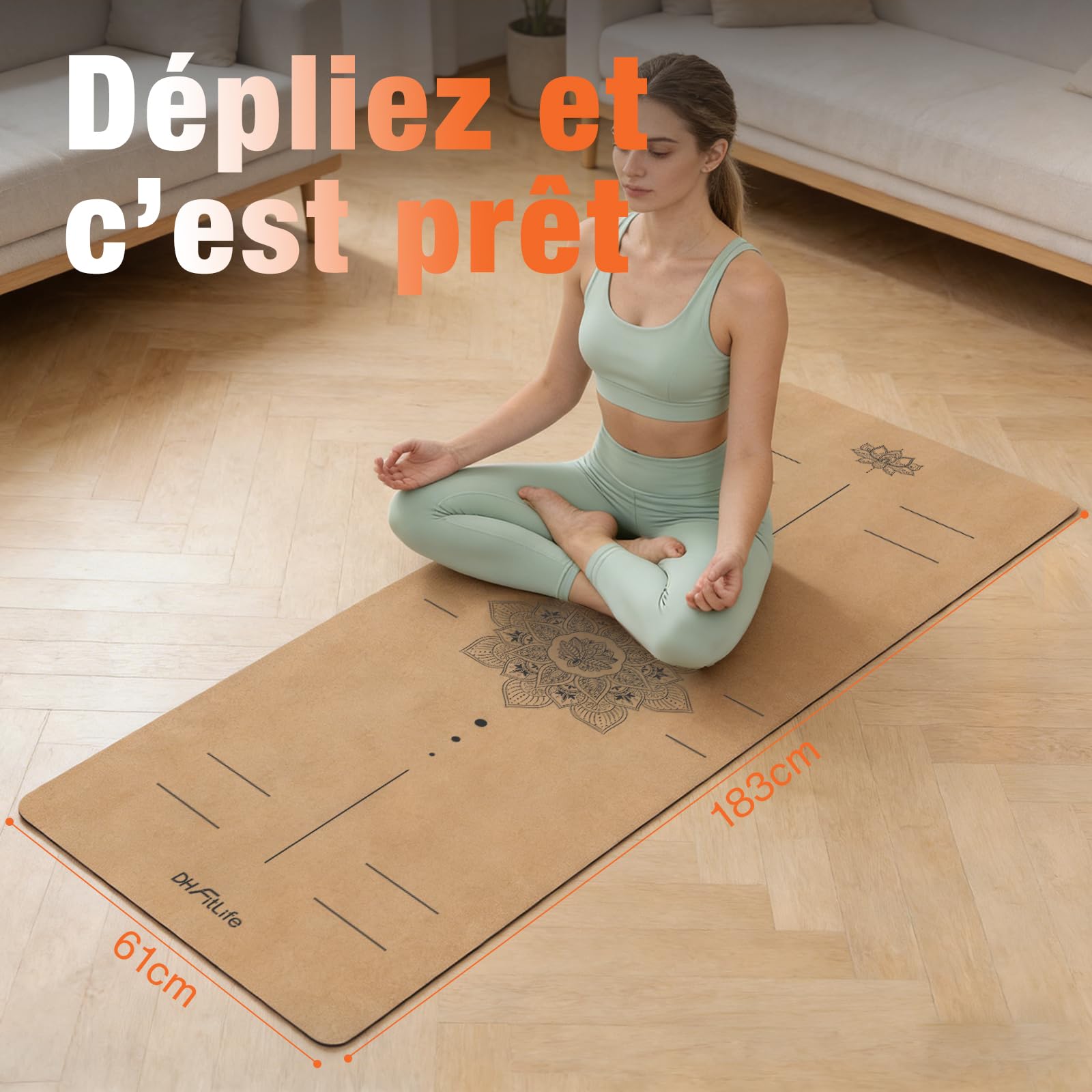 DH FitLife Tapis de yoga en liège antidérapant en caoutchouc naturel - Prêt à l'emploi - Facile à nettoyer - Tapis de sport, de fitness et de gymnastique de qualité supérieure pour yoga, pilates et