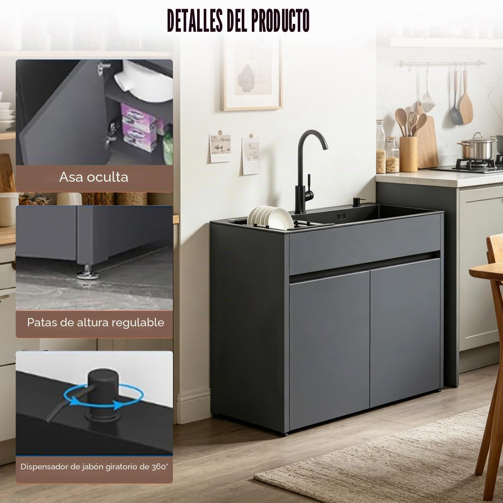 Fregadero de Exterior Independiente con Armario para Jardín y Taller, lavabo de acero inoxidable negro, cuerpo de aluminio de panel de abeja, incluye grifo de agua fría/caliente y kit de fontanería