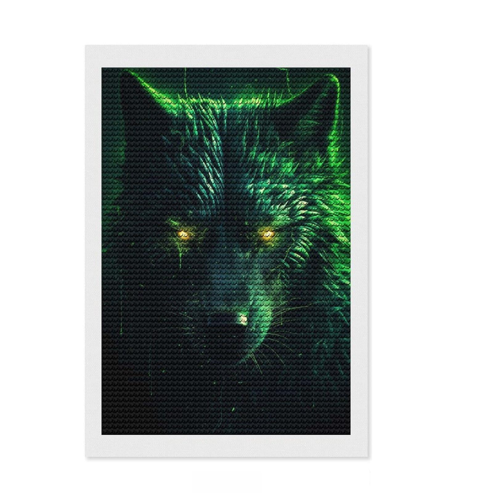 Junmoney Black Wolf with Green Aura Diamond Painting Set 8"x12", Complete Accessories, Satisfying Creative Project, Stress Relief Craft, Office Decor