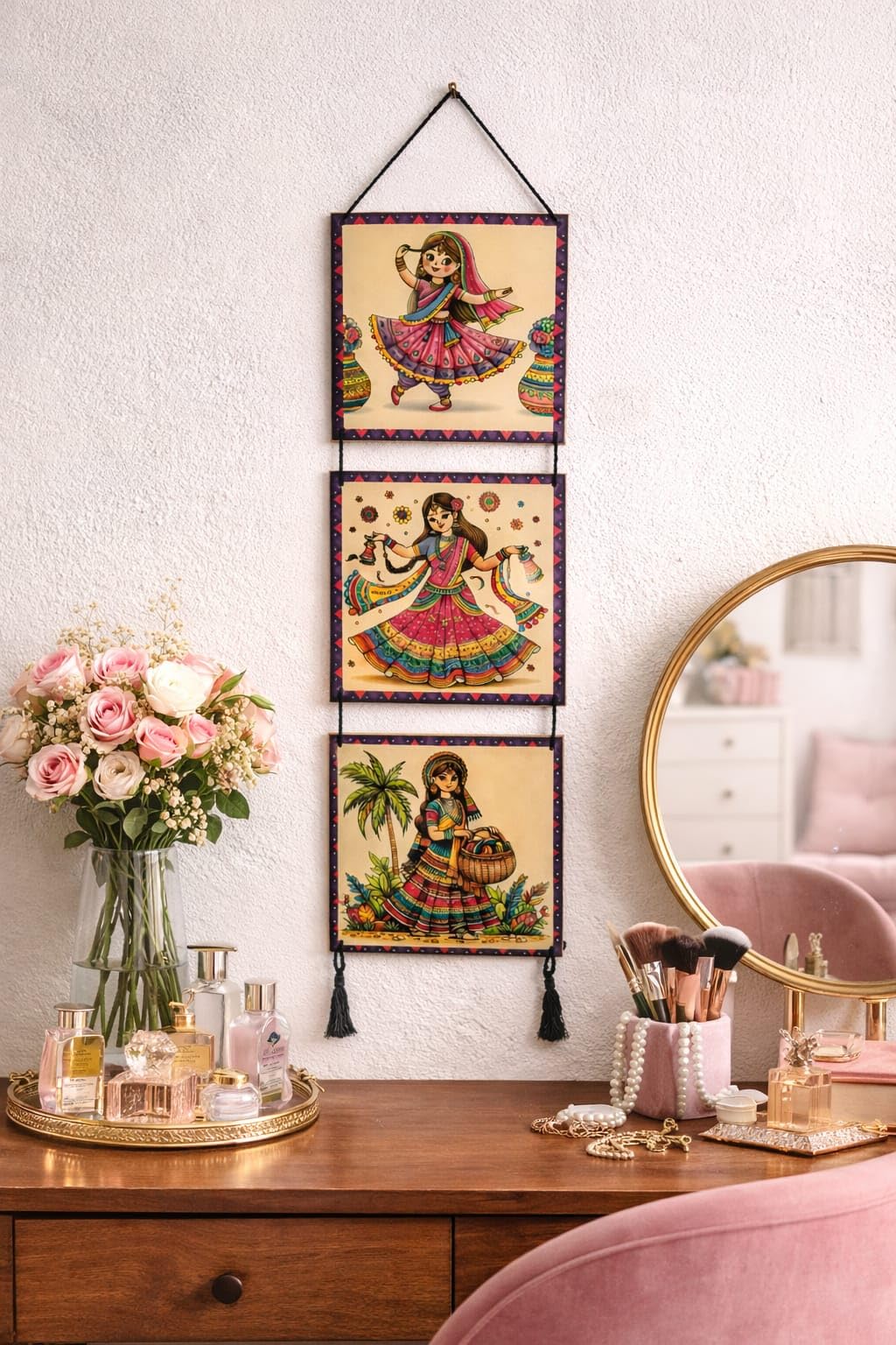 Traditional Indian Art Wall Hanging, Set of 3| Madhubani Style Women Figures| Traditional Folk Art Boho Wall Hanging with Tassels | Ethnic Decorative Hanging for Living Room Bedroom Office Home Decor Gift-image-0