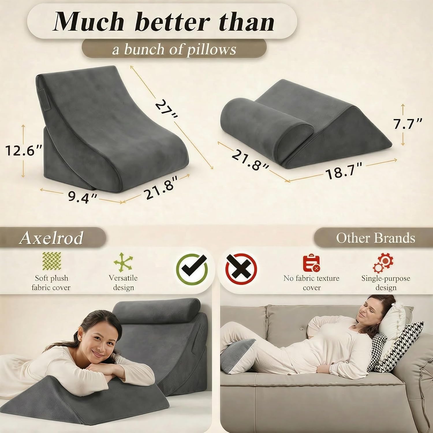 Orthopedic Bed Wedge Pillow Set, Post Surgery Foam for Back, Neck and Leg Pain Relief Comfortable & Adjustable Ortho Pillows- Anti Snoring, Heartburn, Acid Reflux & GERD Sleeping Dark Grey