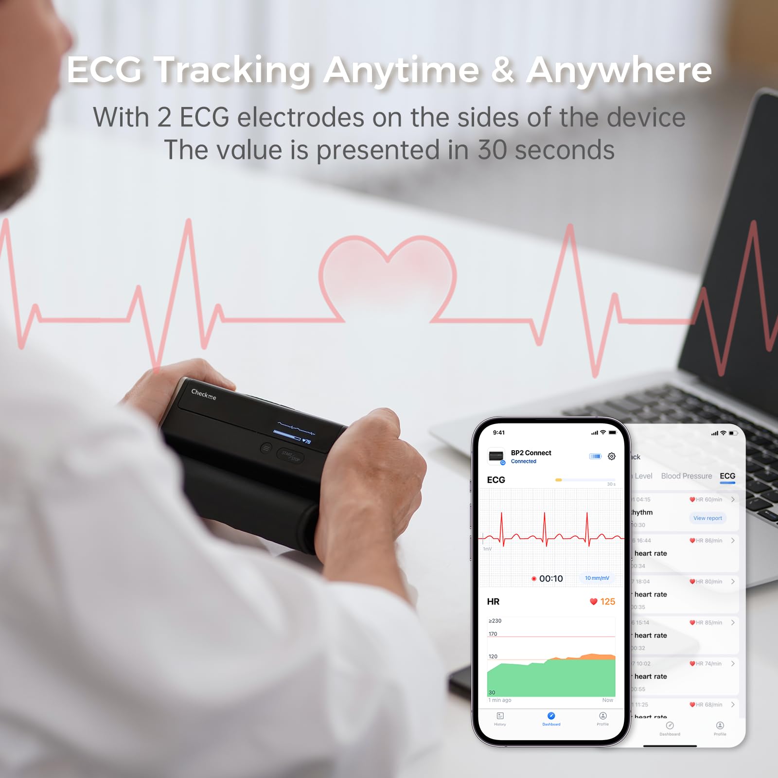 CheckMe BP2 Connect Tensiómetro de Brazo con ECG, 3 Mediciones Consecutivas, Informe de Análisis de IA, Bluetooth y WiFi, Medidor de Pulso, Gestión Ilimitada de Datos en la APP