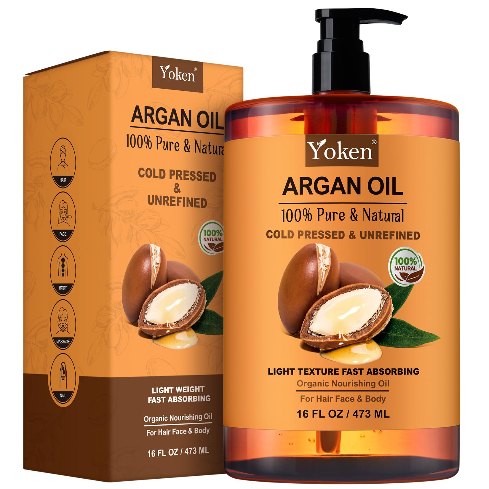 Yoken Pure Argan Oil 16 fl oz 100% Natural Cold Pressed Argan Oil for Hair Face Skin Scalp Body Care, Origin from Morocco, Unrefined Fast Nourishing
