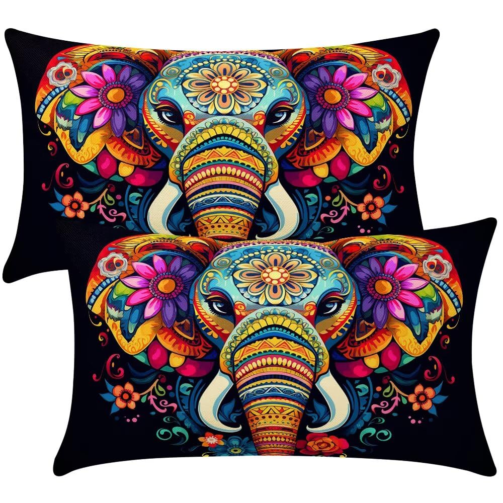 Flowers Cushion Covers 30x50 cm Set of 2 Decorative Pillows Elephant Throw Pillow Case Rectangle Cushion Cover Couch Cushions Covers for Living Room Bedroom with Invisible Zipper 12x20 Inch -SC468