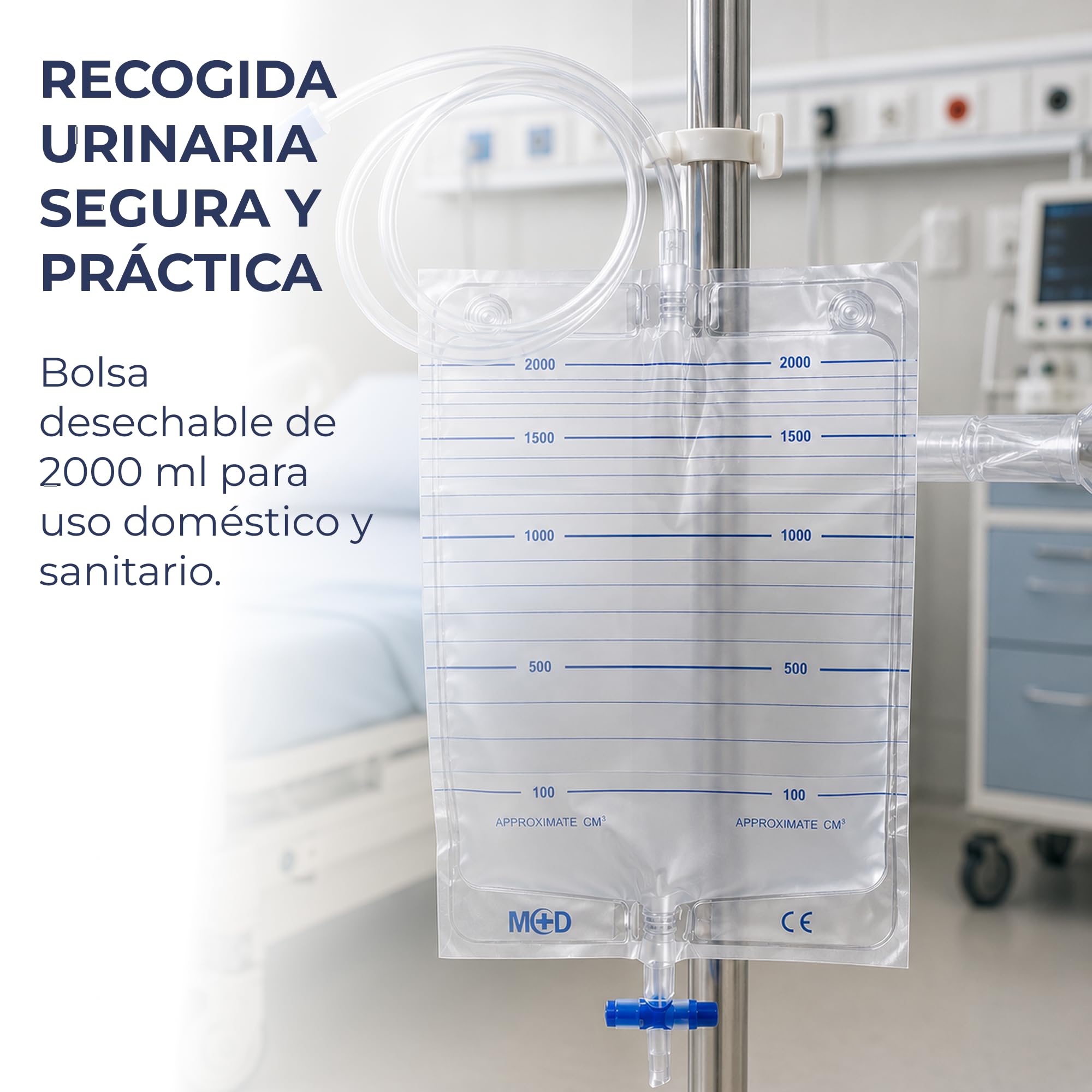 Bolsa de orina no estéril – 25 piezas | tubo 90 cm | Bolsa drenaje urinario con grifo en T y válvula antirreflujo | Escala graduada desechable
