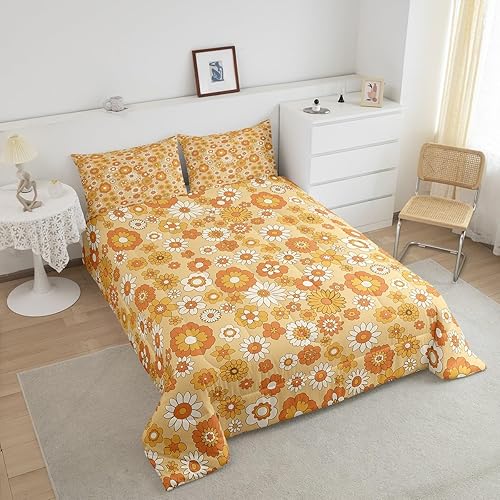 Miniatura 3 de Erosebridal Juego de ropa de cama retro floral de los años 60 y 70, tamaño individual, color beige y blanco, edredón de plumón hippie colorido para