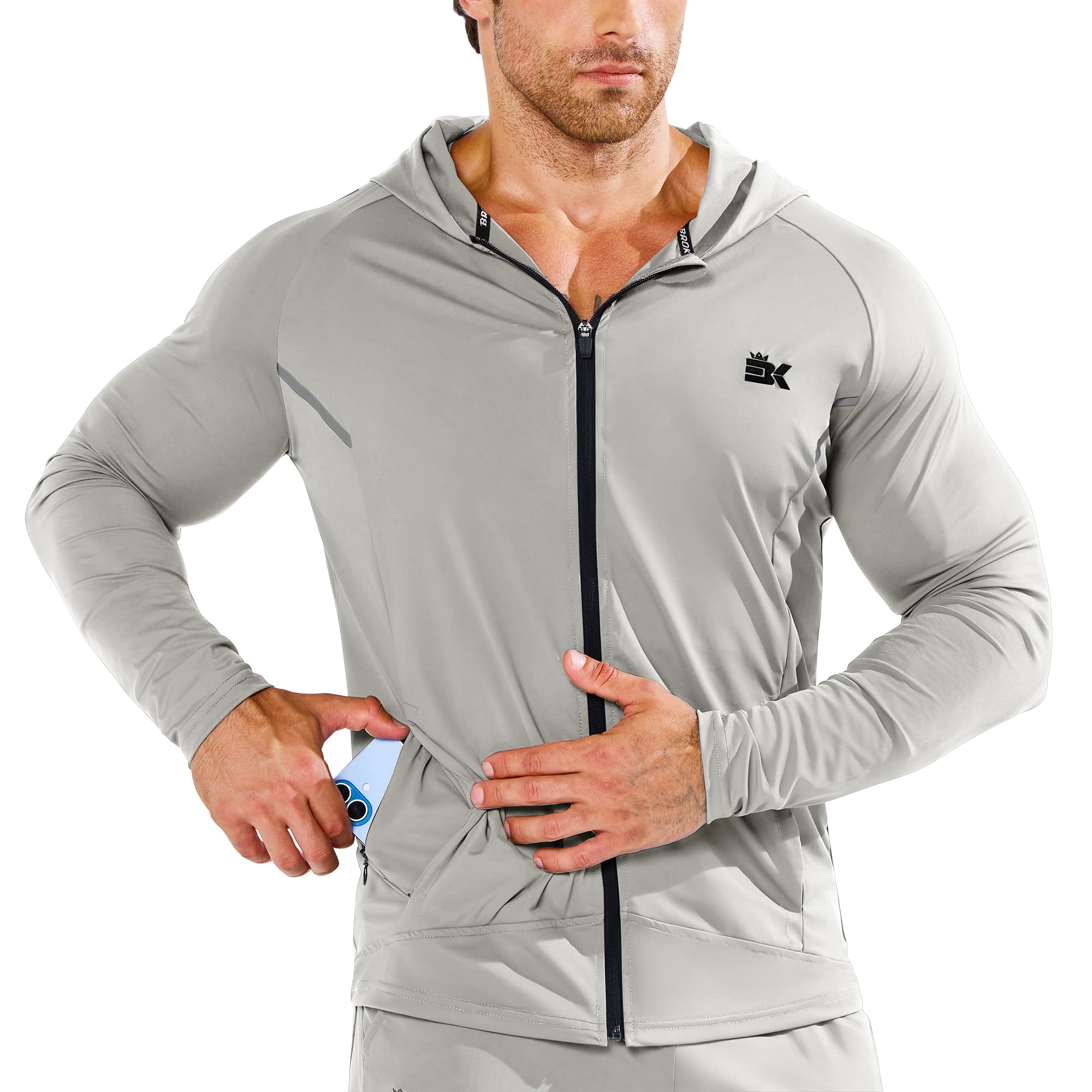 BROKIG Mens Zip Up Running Hoodie Upf 50+ Windbreak Jacket Large Light Grey