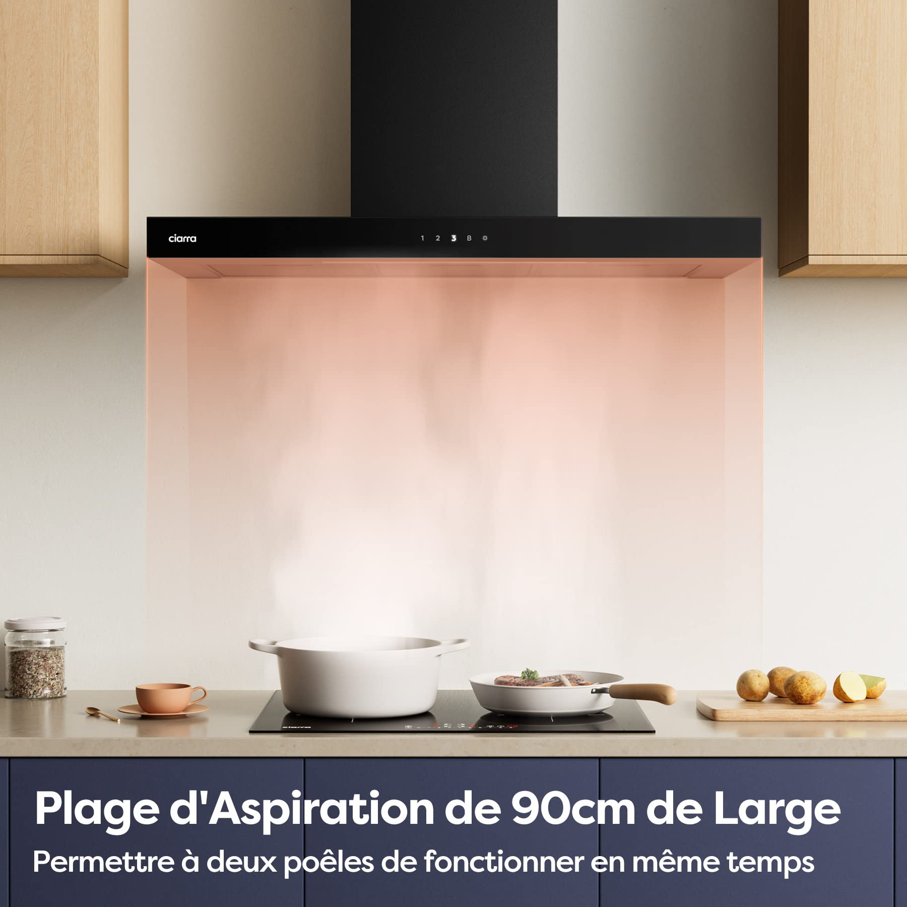 Ciarra Hotte de Cuisine 90cm Classe A+++ 650m³/h, WIFI & Commande Tactile, 4 Vitesses & Boost, Filtre à Charbon Inclus, Recyclage ou Évacuation, Affichage LED – Noir – CBCB9102