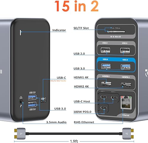 Miniatura 8 de Estación de acoplamiento USB C, doble monitor para MacBook Pro, Estación de acoplamiento para laptop de 15 pulgadas con 2 USB C, doble monitor HDMI