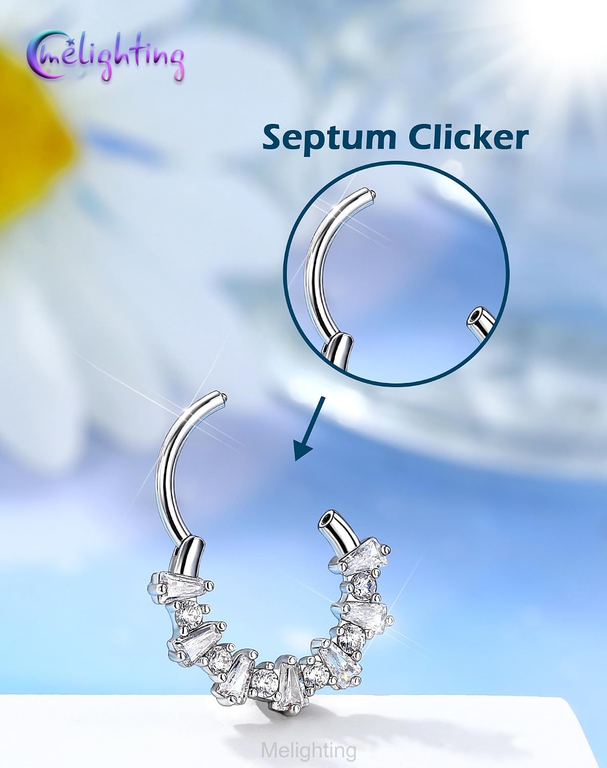 Melighting 16G Septum Ring, Fireworks Daith Piercing Jewelry 316L Stainless Steel, Rhombus Zircon Septum Clicker Hoop, Silver Helix Cartilage Earring for Women 8/10 mm