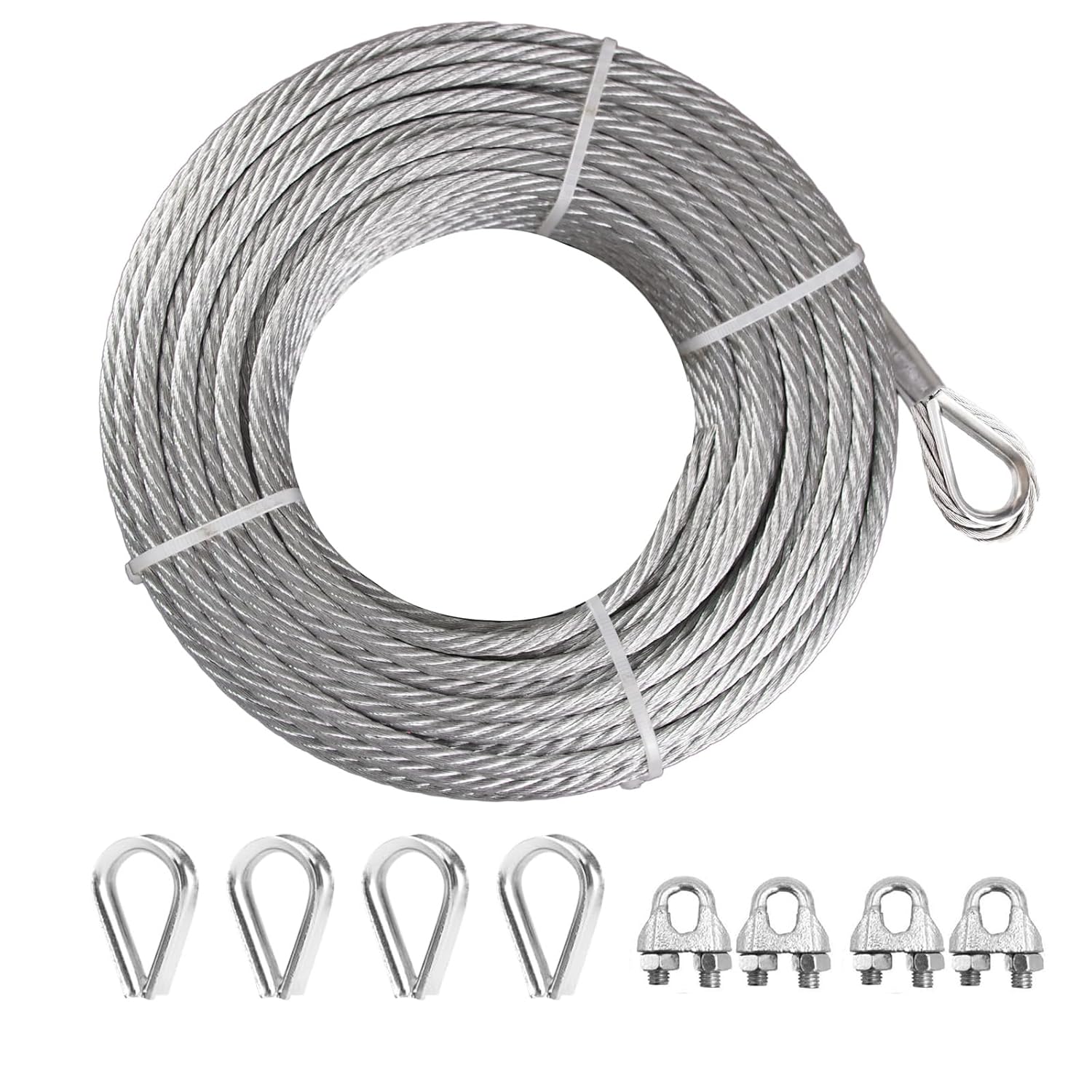 75Ft Steel Cable, 1/4(6mm) 7x19 Strand Aircraft Cable with Loops, Heavy Duty Wire Rope Cable with Clamps and Thimbles for Zipline, Fencing, Sunshade, Deck Railing