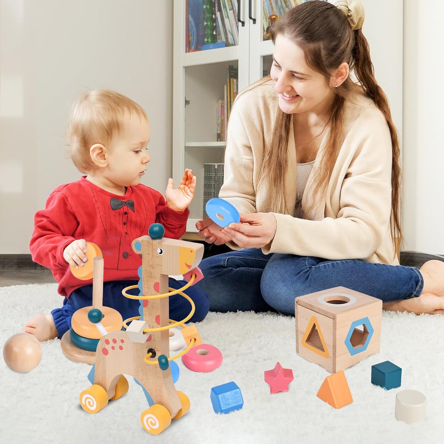 Wooden Montessori Toys for 1 Year Old, 4-in-1 Educational Sensory and Baby Learning Toys for Toddlers Aged 1-3, Boy and Girl's Best Gifts for Birthday (Log)