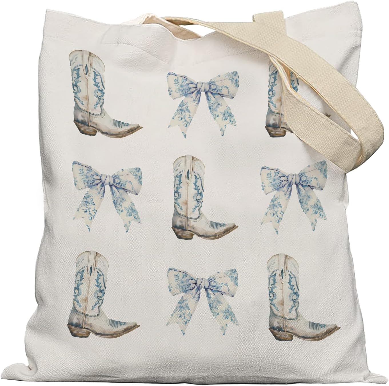 Coquette Blue Bow Western Tote Bag, Retro Blue Coastal Cowgirl Boots Canvas Tote Bags, Western Cowgirl Stuff Gifts for Women, Preppy Cowboy Reusable Grocery Shopping Bag