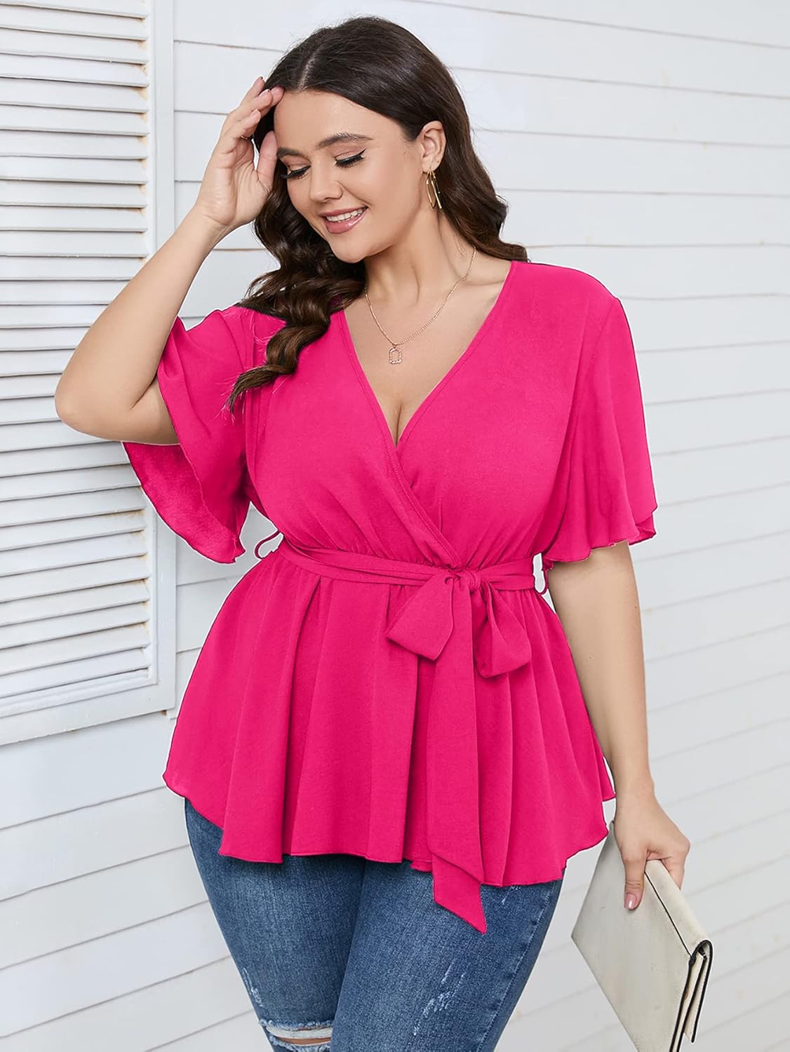 SCOMCHIC Women's Plus Size Short Sleeve V Neck Wrap Belted Ruffle Peplum Blouse Tops - Image 2