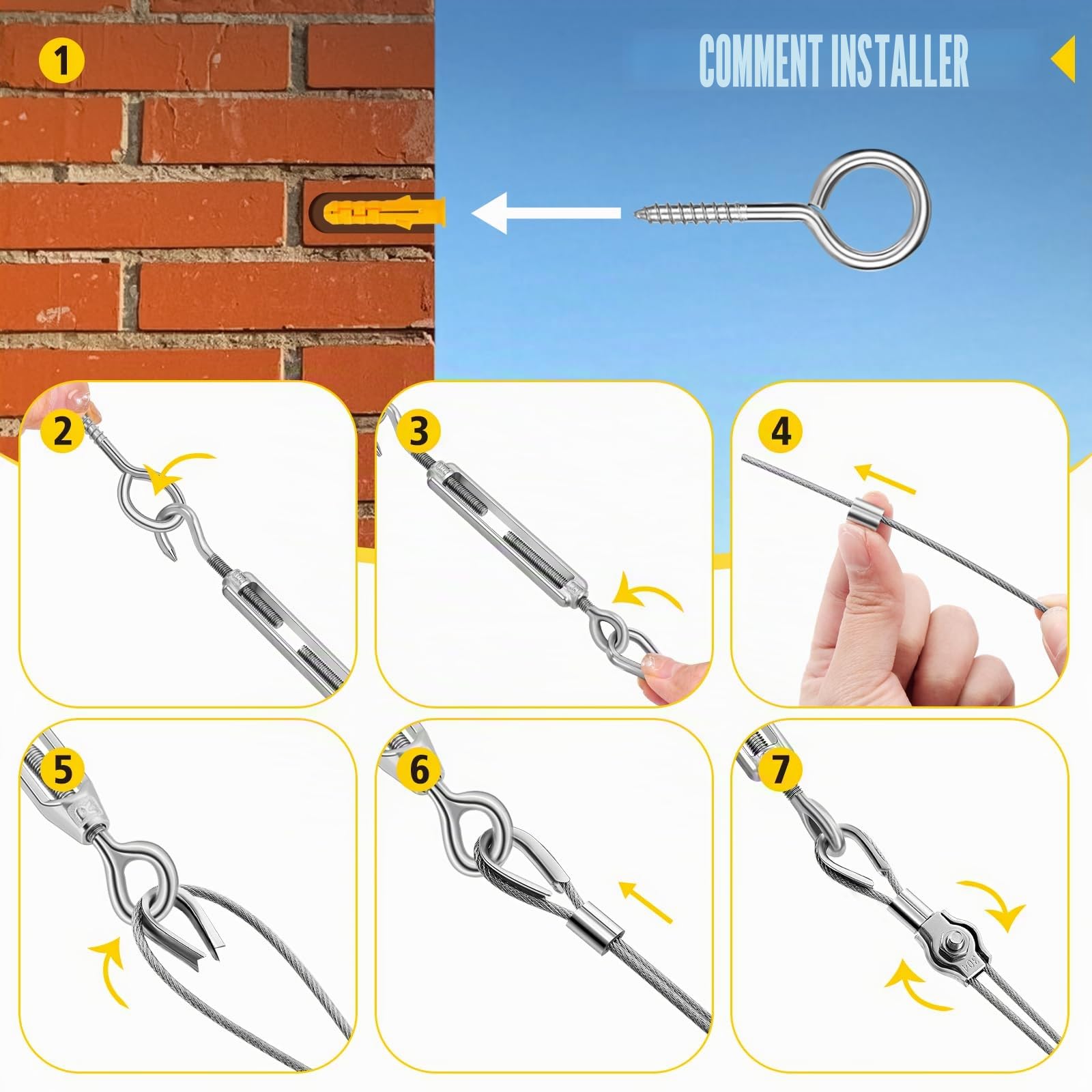Kit de câble métallique en acier inoxydable 304, 50m 2 mm recouvert de PVC avec tendeurs M4, fil de jardin pour plantes grimpantes, clôtures, suspension de luminaires et projets de bricolage