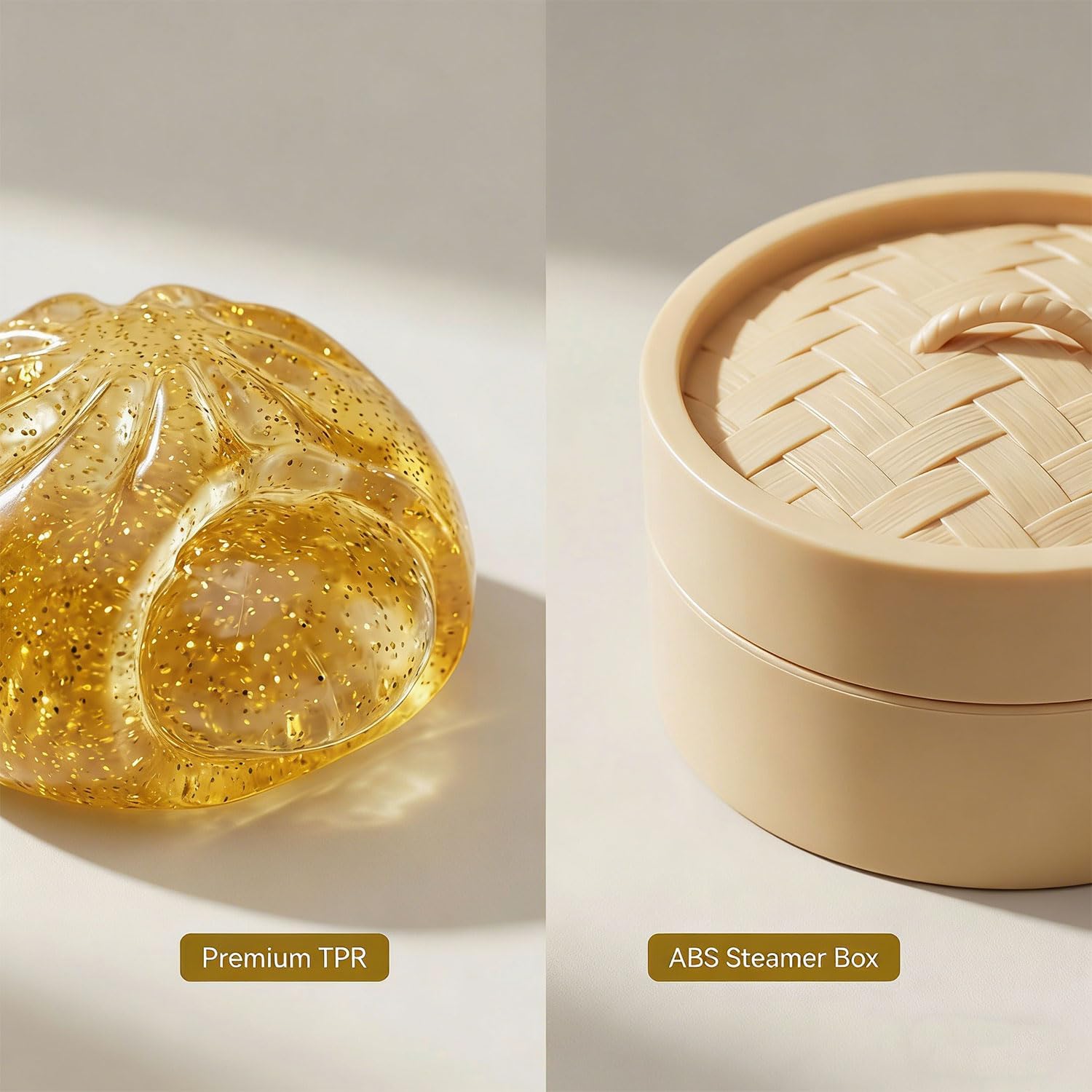 Glittery Golden Dumpling Toy with Steamer Case, Funny Squeeze Dough Stress Ball, Realistic Steamed Bun Squeezing Toy for Fidget Sensory Anxiety Relief Calming Travel Accessory Gift