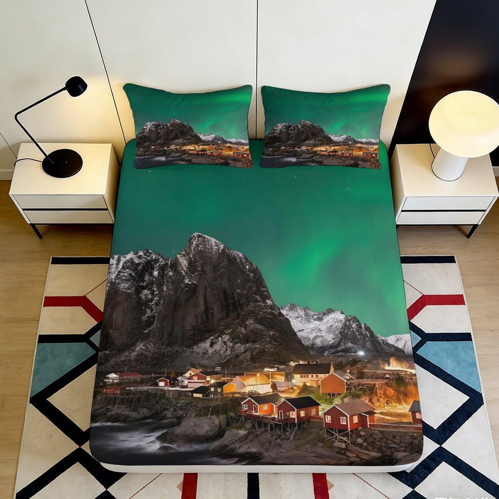 3D Printed Northern Lights Fitted Sheet Microfiber Soft Mountain Village Mattress Cover for Bedroom Guest Room Decor 140x200x25cm