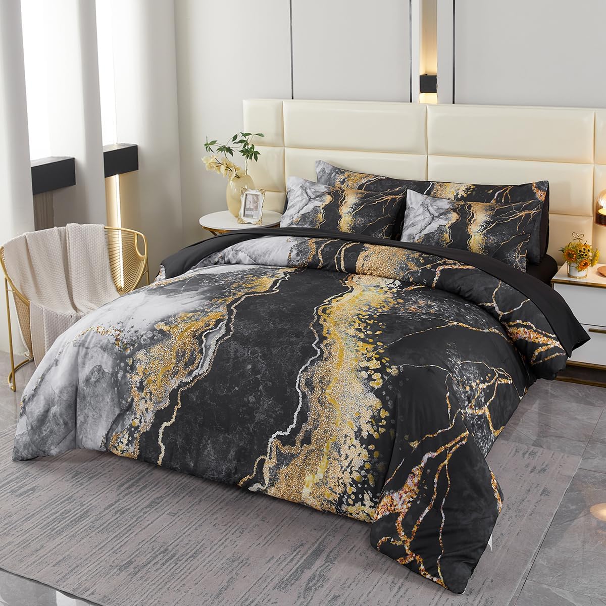 PERFEMET 6 PCS Bed in a Bag Black Watercolor Marble Printed Comforter Set for Full Bed Burning Mountain Pattern Bedding with Sheets Retro Artwork Design Bedding Quilt Sets(Black, Full)